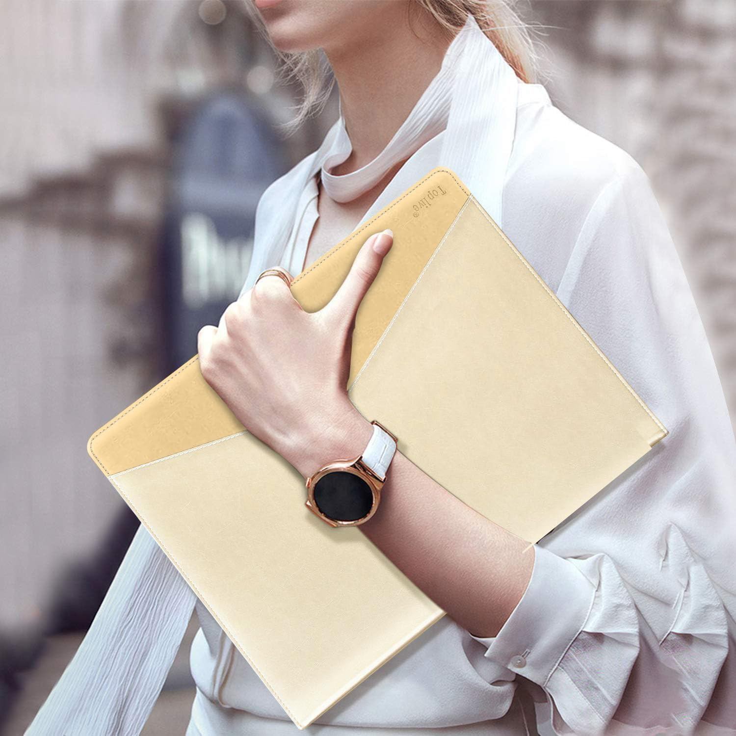 Toplive Padfolio 3 Ring Binder (1'' round Ring) Business Portfolio Folder for Interview, Conference and Presentation, Gold image number 2