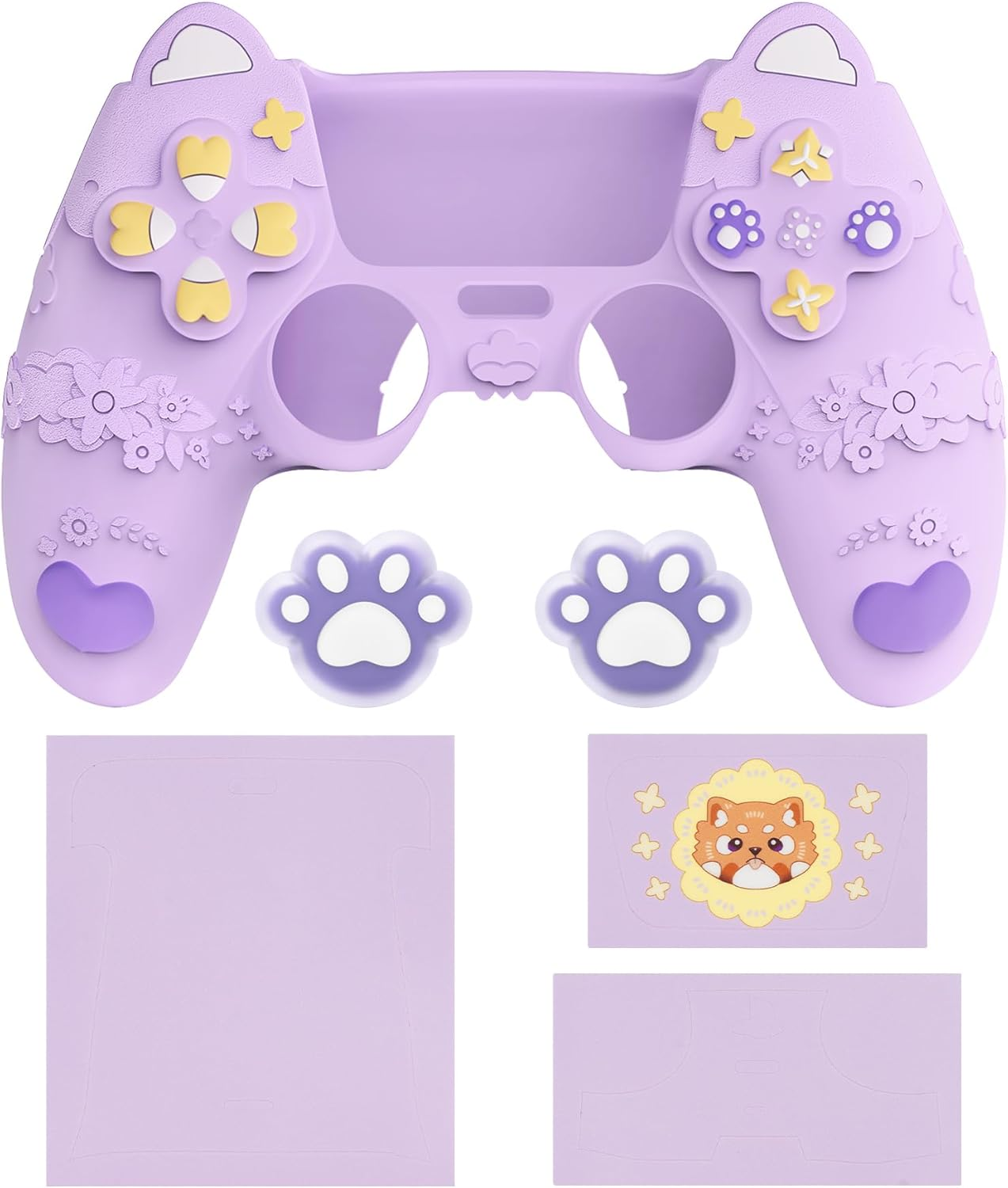 Playvital Cute Spring Lesser Panda Silicone Cover for Ps5 Controller with Joystick Cap and Sticker, Anti-Grip Shockproof Skin, Compatible with Charging Station, Taro Purple image number 4