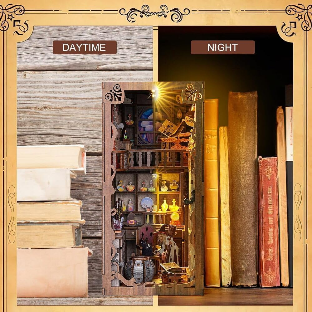 Book Nook Kit, DIY Miniature, Dollhouse Booknook Kit with Led Light, 3D Wooden Bookshelf Puzzle Decor Gifts for Family and Friends (Magic Night)