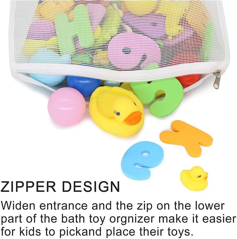 Waterproof Mesh Bath Toy Organizer & Storage Bag with Suction Cups - Durable Hanging Bath Toy Holder for Kids, Quick-Dry Bathroom Toys Organiser (White) image number 3