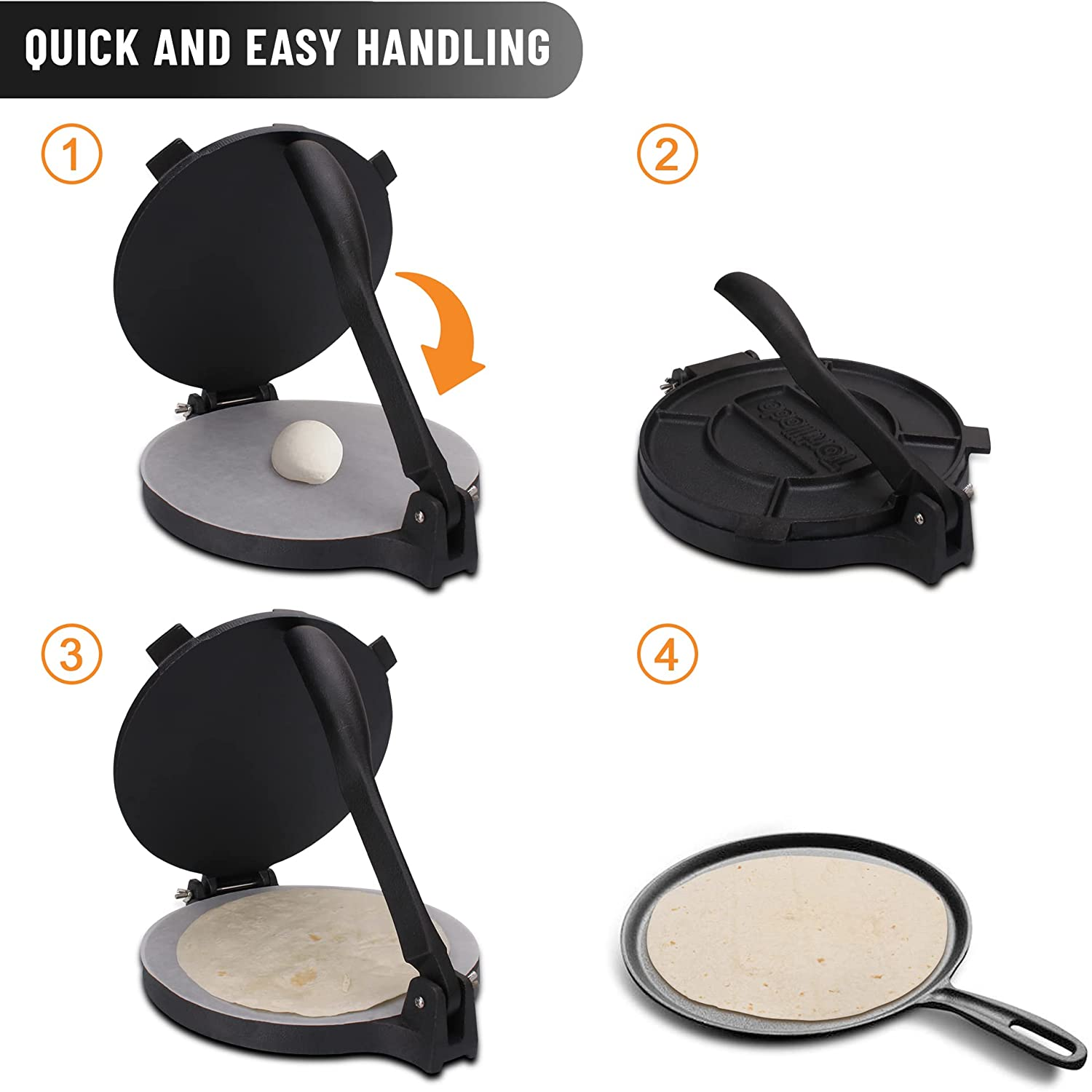 Tortillada &ndash; Tortilla Press, Quesadilla/Roti Maker (25 Cm) Cast Iron with Recipes E-Book 50 Tortilla Recipes image number 6