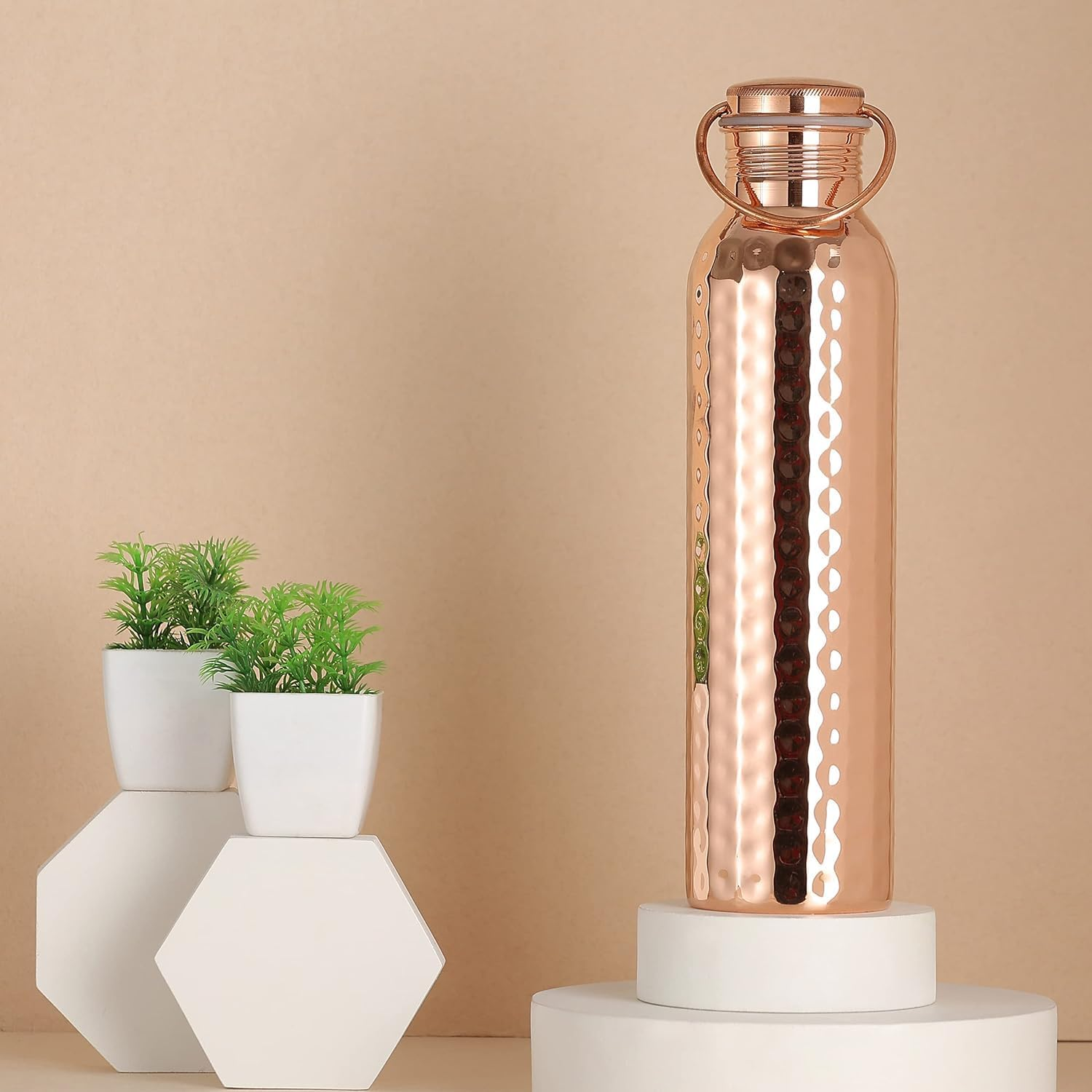 Healthgoodsau - Pure Copper Hammered Water Bottle with Carrying Handle 1000 ML | Joint-Free Leakproof Water Bottle for Ayurvedic Benefits