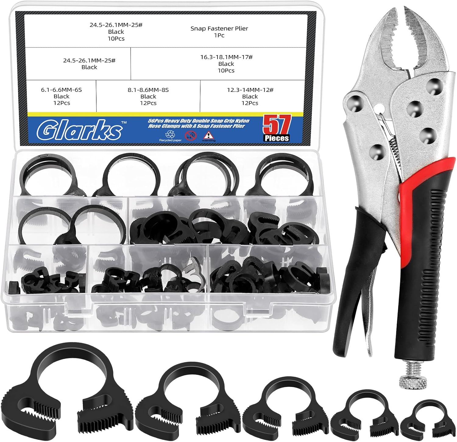 Glarks 57Pcs 6.1-26.1Mm Heavy Duty Black Double Gripping Nylon Hose Clamp Set, 5 Sizes Adjustable Speedy Double Snap Grip Hose Clamp with Locking Pliers, Plastic Snap Ratcheting Clamp Kit for Plumbing image number 1