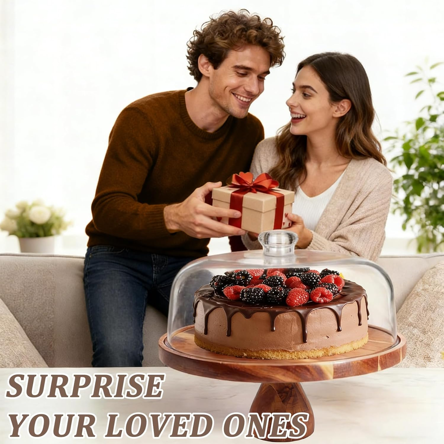 Cake Stand with Dome Lid, Acacia Wood Cake Plate with Footed, 2 in 1 Wooden Cake Display Stand for Wedding, Kitchen, Birthday, Parties, Baking image number 2