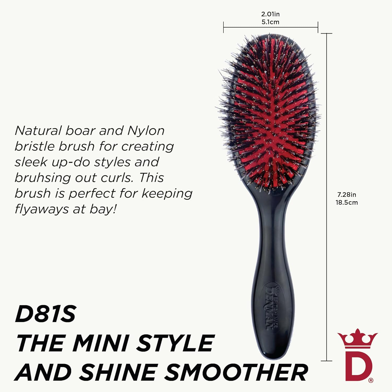 Denman Cushion Hair Brush (Small) with Soft Nylon Quill Boar Bristles - Porcupine Style for Grooming, Detangling, Straightening, Blowdrying and Refreshing Hair &ndash; Black, D81S