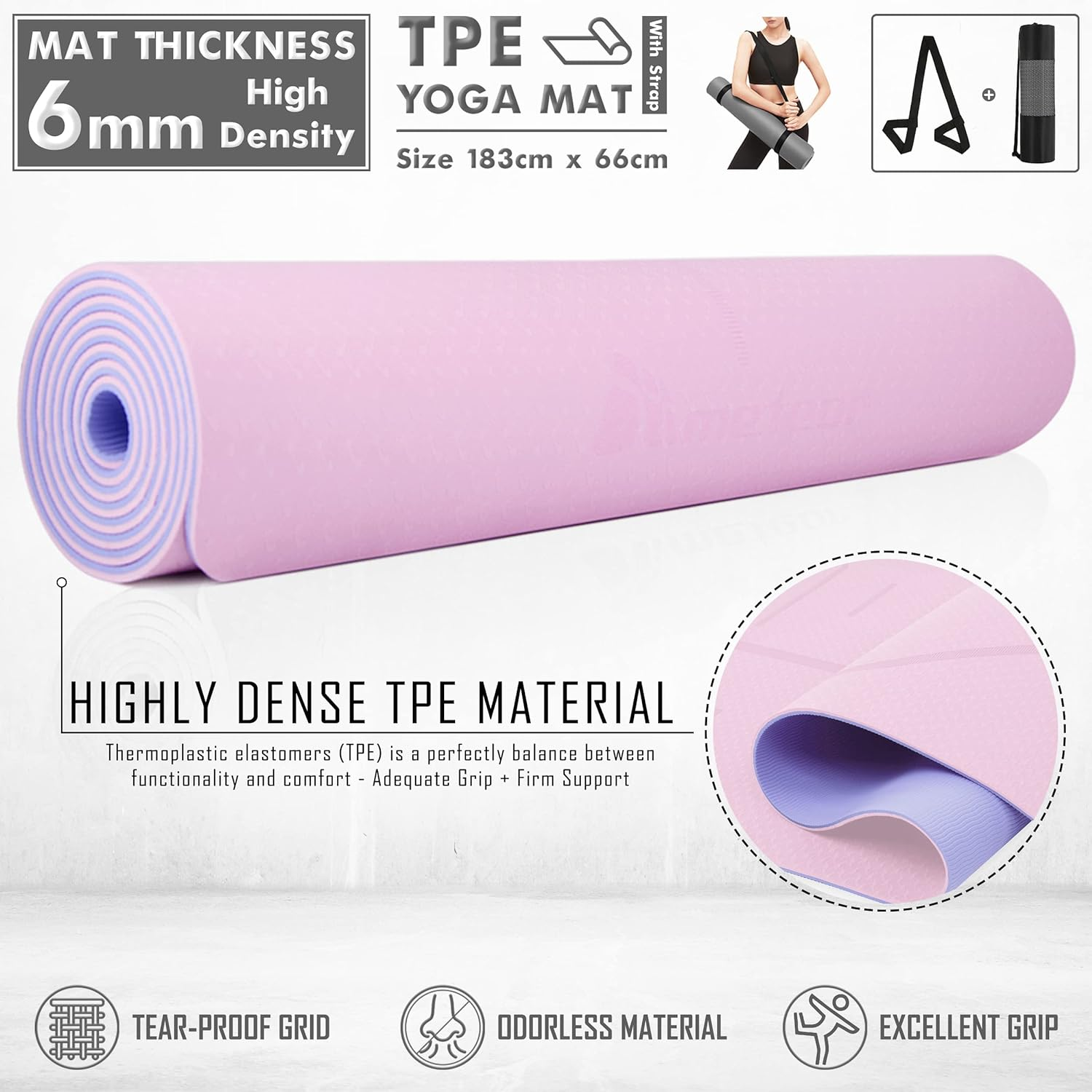 METEOR Essential 6Mm Dual-Tone Yoga Mat with Alignment Lines, TPE Yoga Mat Non-Slip Textured, High-Density Padding for Knee Comfort, Perfect for Yoga, Pilates and Fitness Exercise image number 4