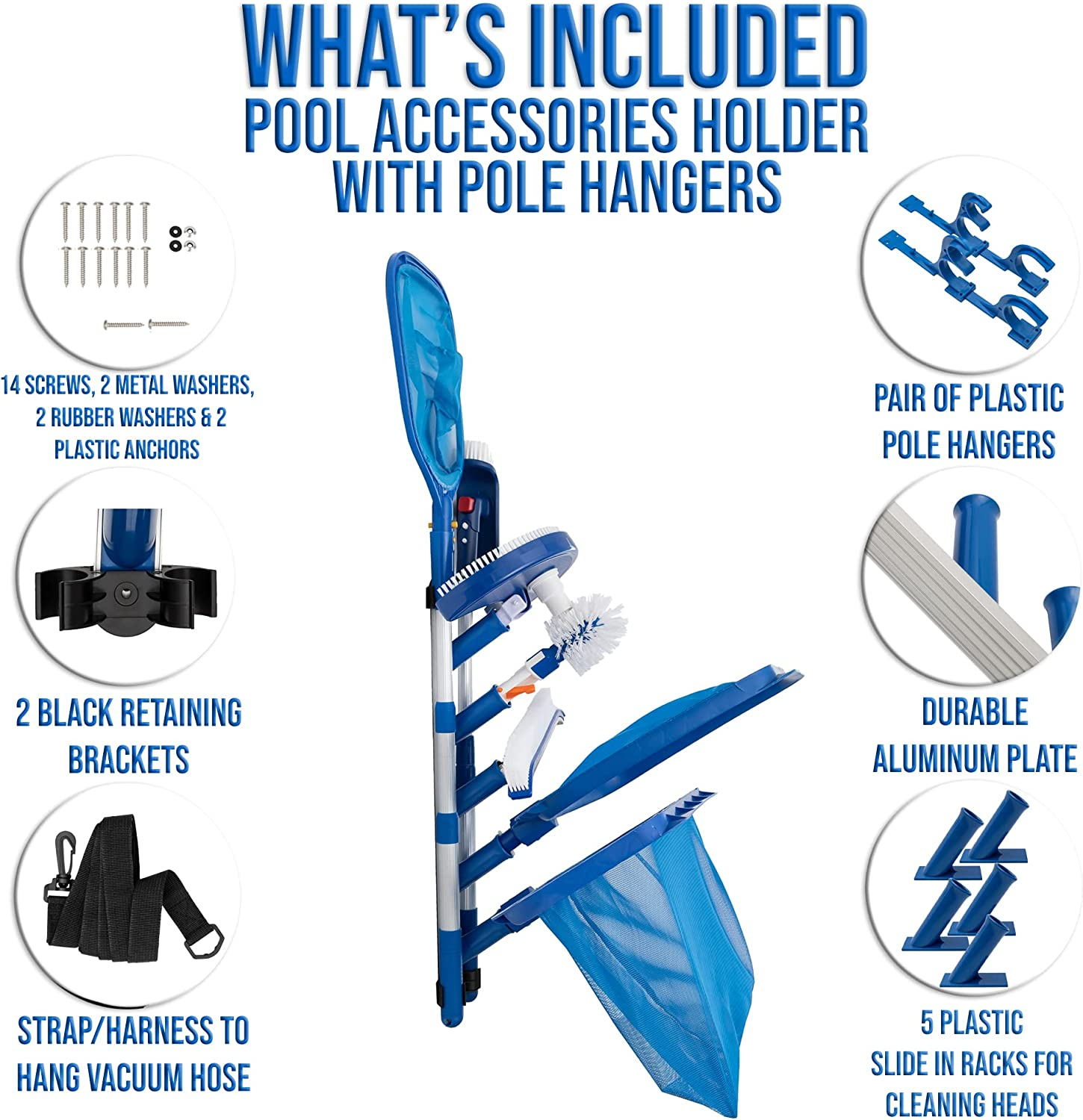 Pool Accessory Holder, Pole Hangers & Hose Strap Perfect Organise Caddy Rack Kit for Poles Brushes Nets & Vacuum Attachments Maintenance Rustproof Weatherproof Storage (Dark Blue)