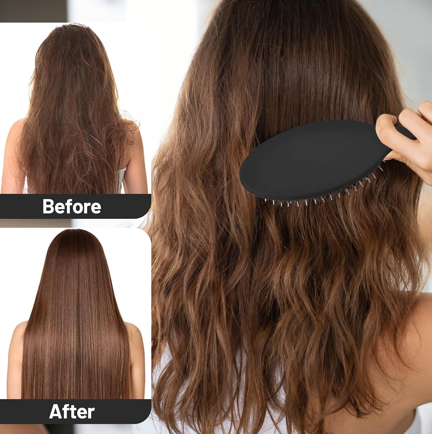 INSPUTOL Boar Bristle Hair Brush - Natural Bristle Paddle Brush for Women, Portable Detangling Comb for Smooth Styling (Black) image number 1