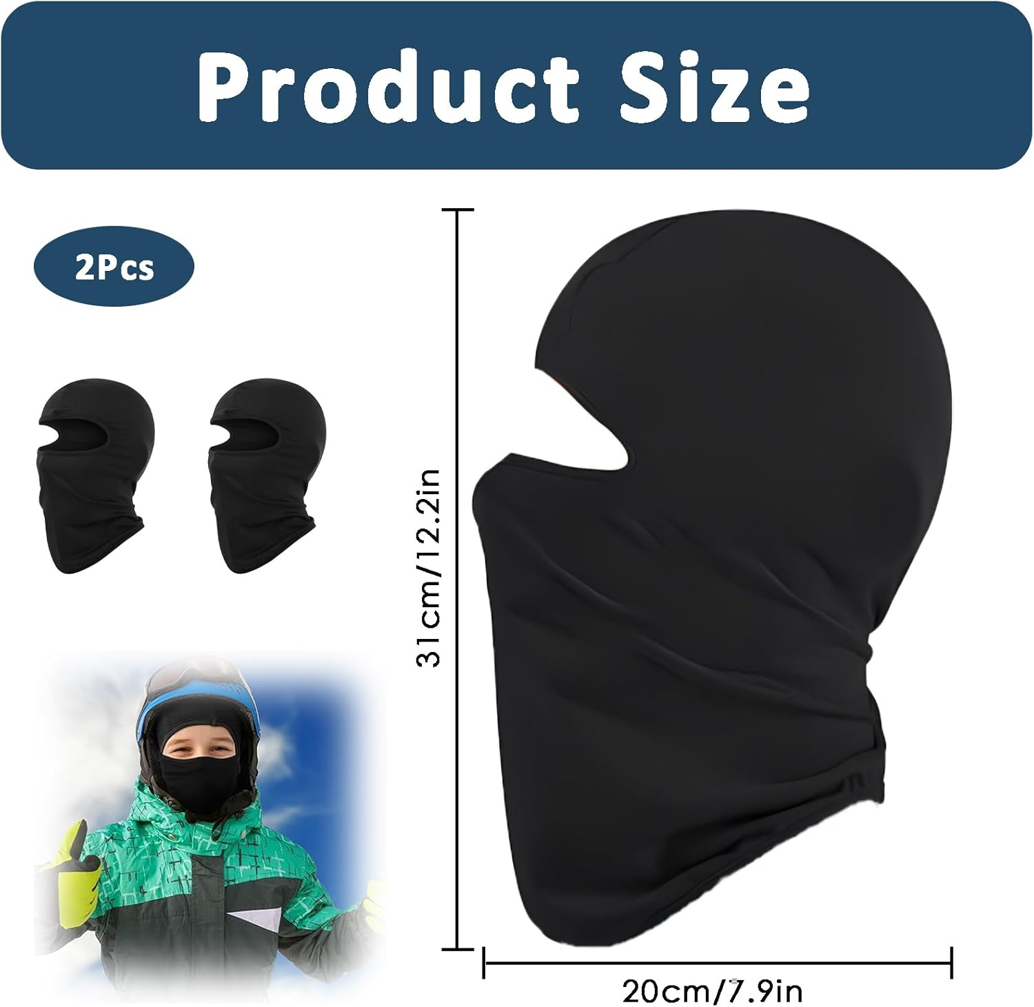 2Pcs Kids Balaclava, Black Balaclava, Ski Masks for Men, UV Protection & Wind Protection Lightweight Neck Warmer, Thin Helmet Liner Face and Neck Cover Mask for Boys Girls, Black, One Size image number 2
