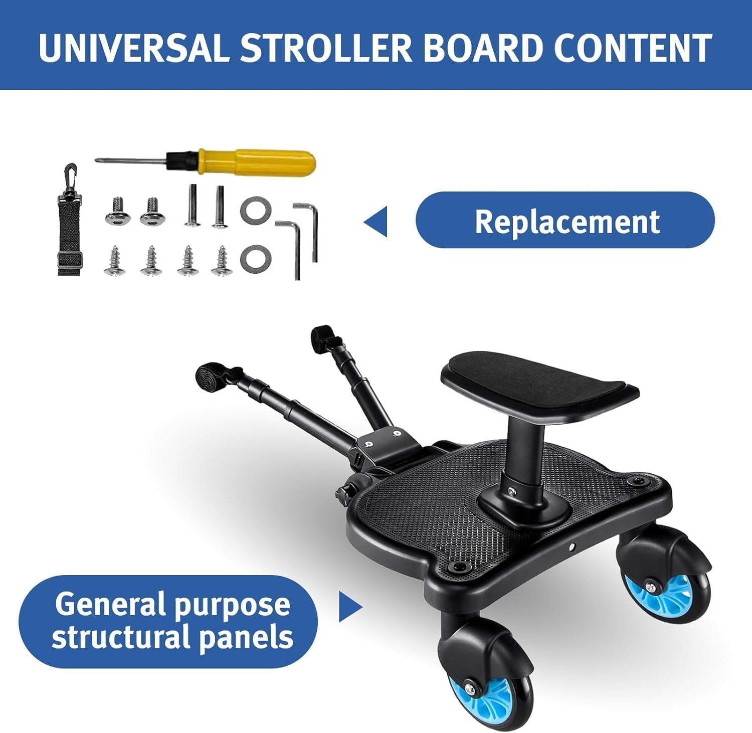 Universal Stroller Boarduniversal Stroller Board 2 in 1 Sit and Stand Stroller Board with Detachable Seat Stroller Attachment Buggy Board for 99% of Strollers Holds Children up to 55Lbs, Blue image number 1