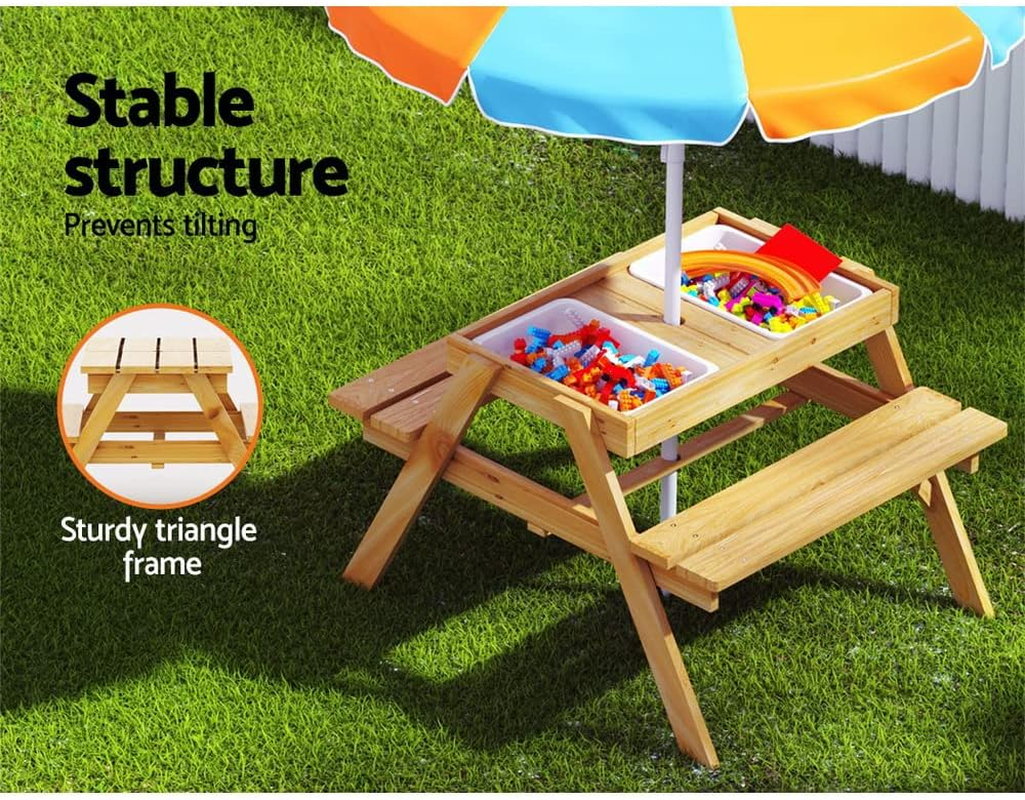 Keezi Kids Table and Chairs with Umbrella, 75 X 40 X 54Cm Outdoor Lounge Setting Picnic Water Tables Garden Benches Seat Sandpit Camping Beach Children Play Equipment, 2 Storage Boxes image number 3