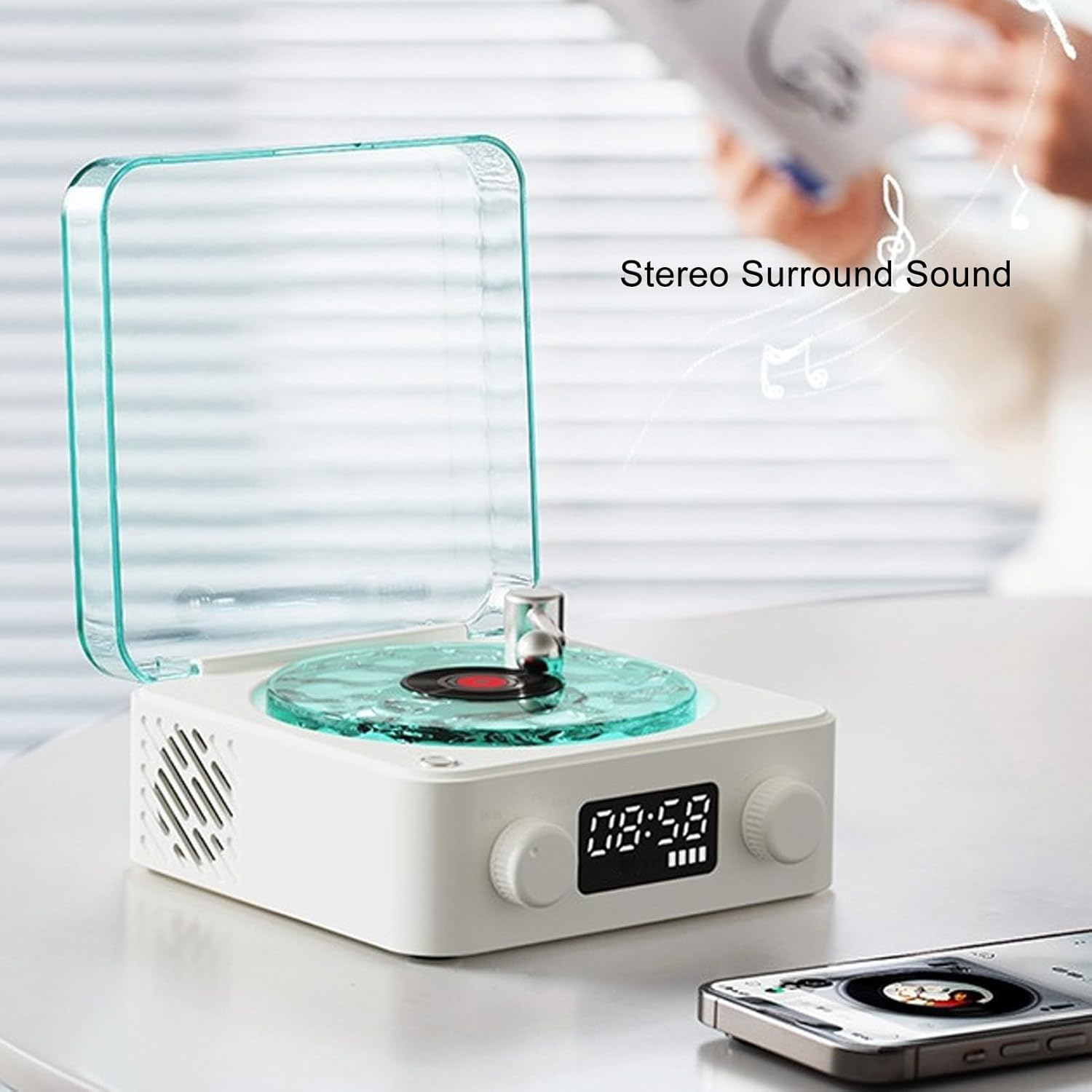 Waves Vinly Bluetooth Speaker, the Waves Vinly Player with Water Ripple Light, Retro Style Vinly Record Player, Aqua Speaker for Bedroom, Office, Party (White) - White image number 3