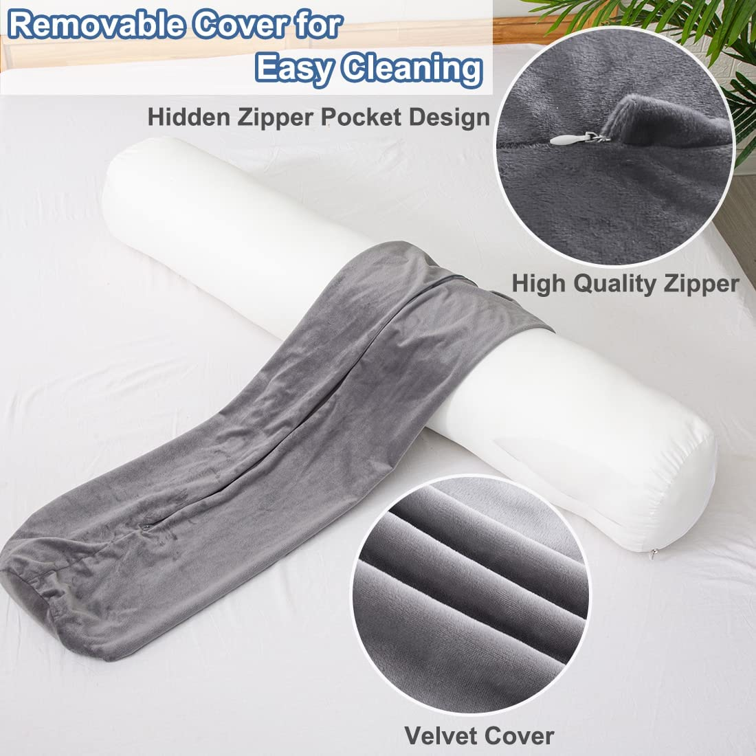 Body Pillow for Adults, Bolster Pillow with Removable Velvet Cover, Long round Cervical Roll Pillow, 47&rdquo; X 7.87&rdquo;, Grey image number 5