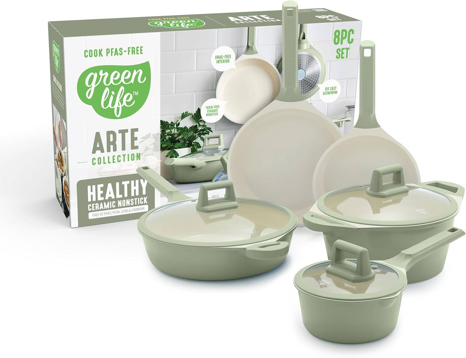 Greenlife 8 Piece Ceramic Nonstick Cookware Set, Induction Suitable Non Toxic Pfas-Free Pots & Pans, Dishwasher Safe, Cooking Set, Stock Pot, Saucepans & Frying Pans, Kitchen Cooking, Granite Black