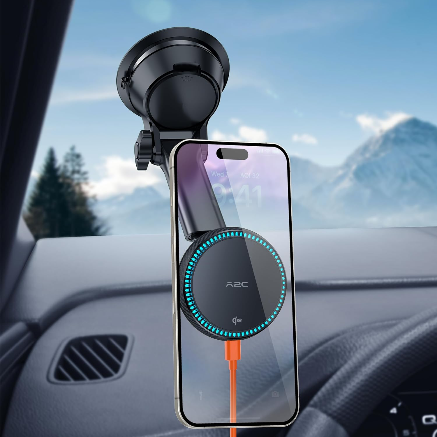 A2C Universal Qi2 Magnetic Car Mount 15W Wireless Charger [Car Plug, USB-C Cable & Metal Ring] for Iphone 16 15 14 13 12 Magsafe Case, Magnet Windshield Phone Holder Cooling Charging - Black image number 6