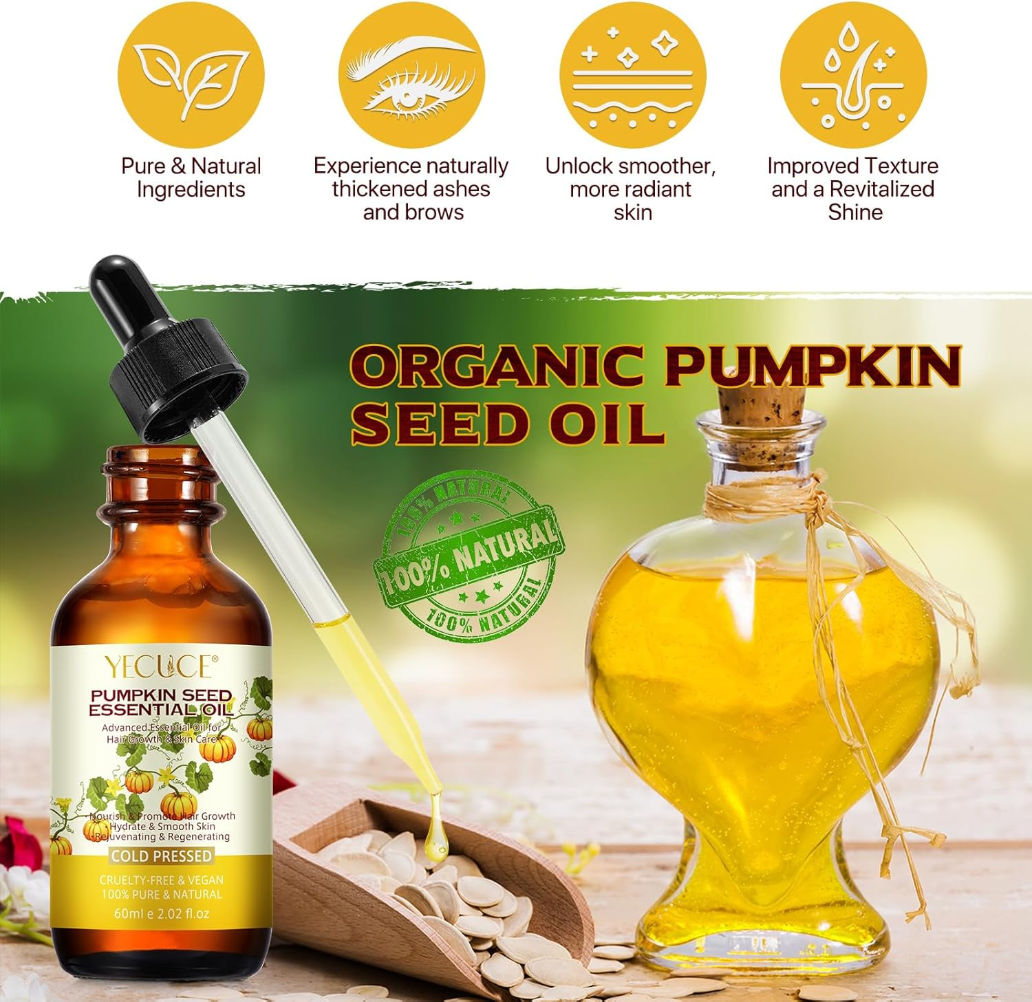 Organic Pumpkin Seed Oil for Hair Growth 2Fl Oz, 100% Natural Cold Pressed Organic Pumpkin Oil, Moisturizing Scalp, Smooth Dry Hair, for All Hair Types