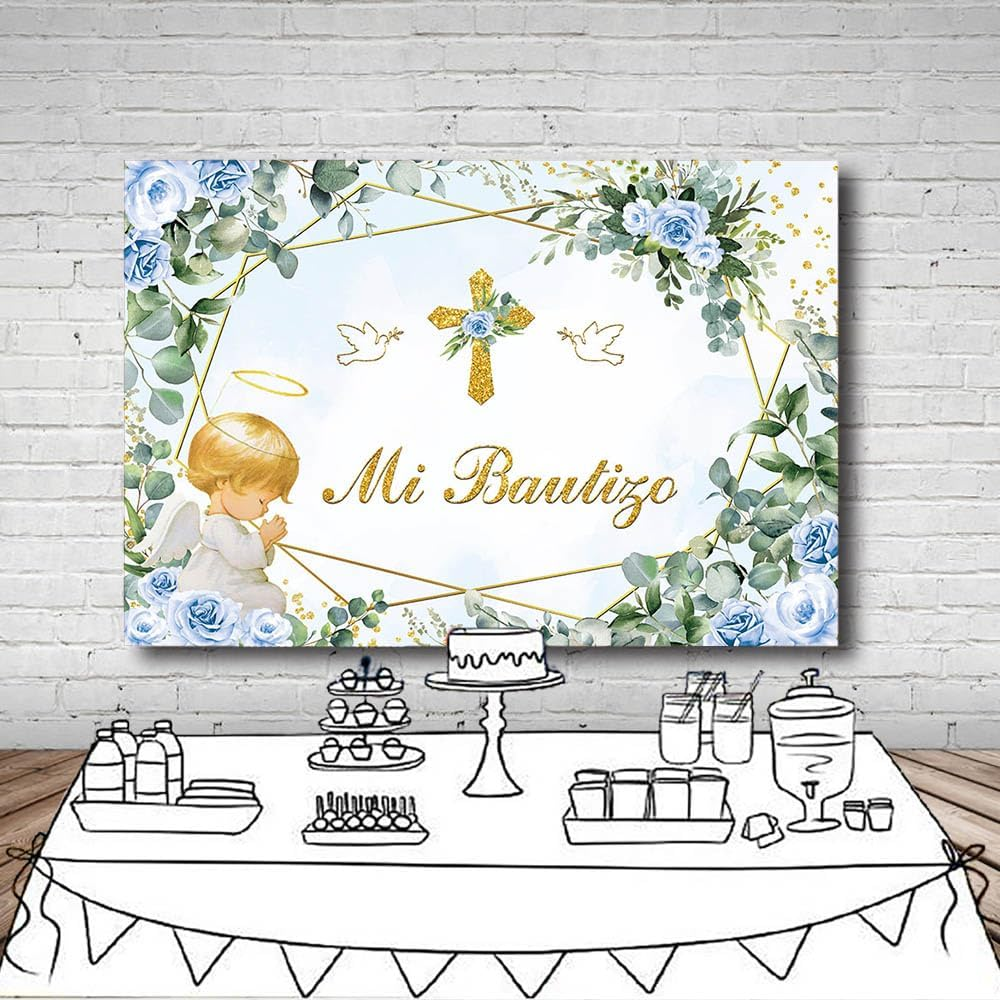 MEHOFOND 2.1 X 1.5 M Blue Boy Christening Background Angel Baby My Communion Cross Photography Background Dove Communion Church Christening Party Decoration Banner Studio Supplies image number 2