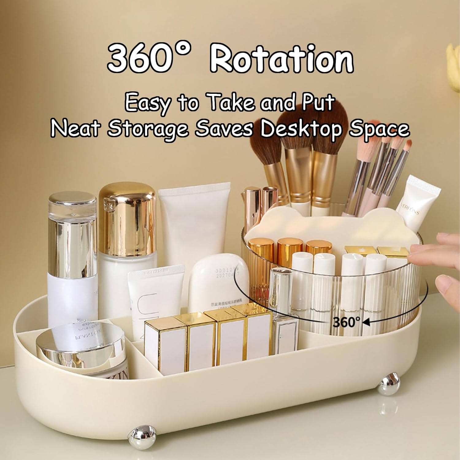 Taoluwin Makeup Organizer, 360&deg; Rotating Cosmetics Organizer, Makeup Storage Drawer Case, Desktop Brush Holder for Lipstick, Brushes, Skincare, 34.5X14.7X14.3 Cm