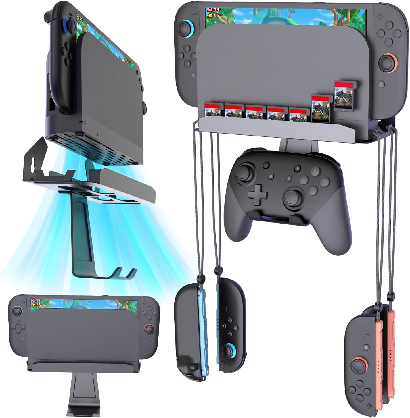 ZONEY Metal Wall Mount for Nintendo Switch 2 Console 2025, Switch 2 Organizer Shelf Base Kit behind Tv,Switch 2 Accessories with 7 Card Slots and 4 Joy-Con Hanger, Compatible with Switch 2/Oled/Switch image number 6