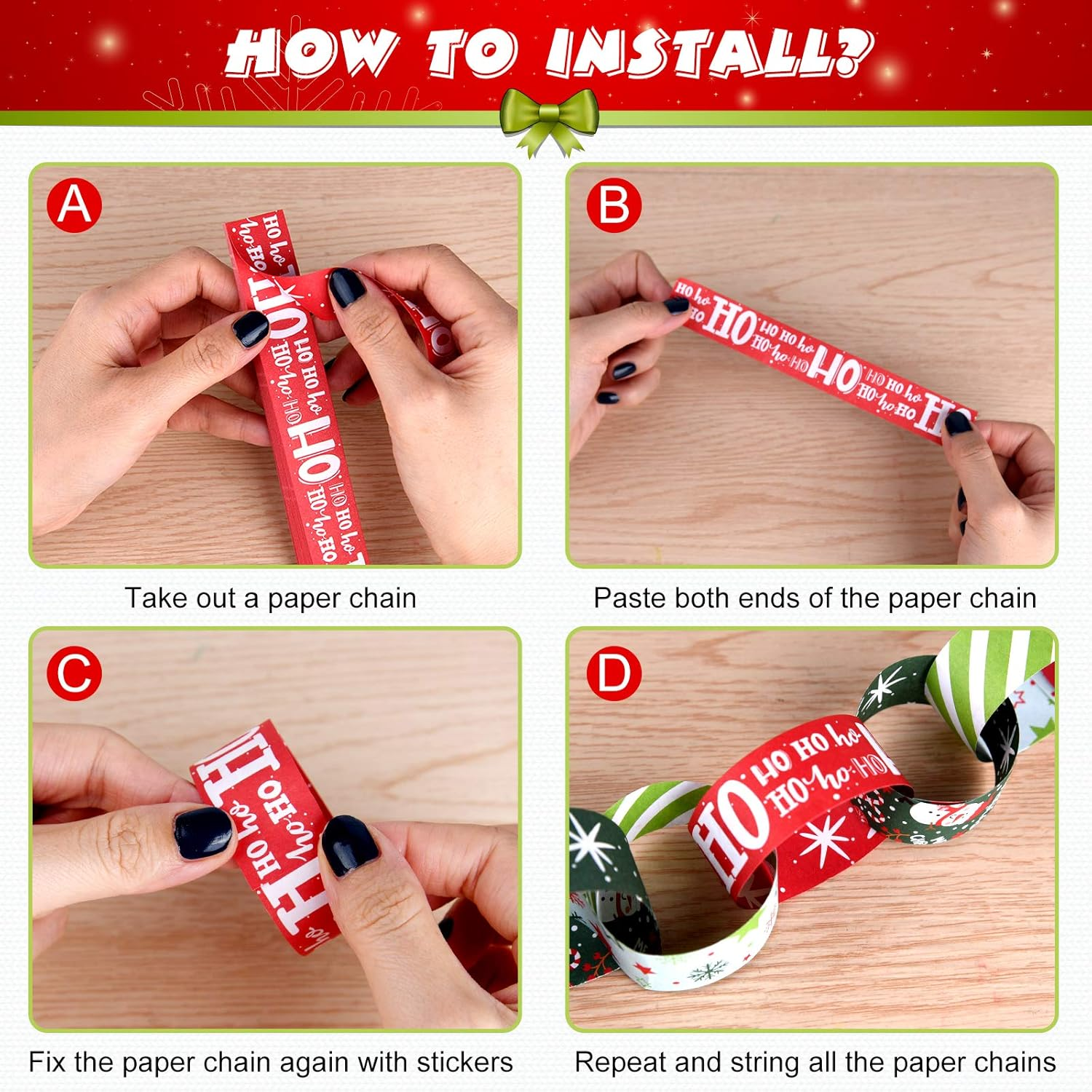 ASTARON 300Pcs Christmas Paper Chains Festive Printed Creative Paper Decorations image number 6