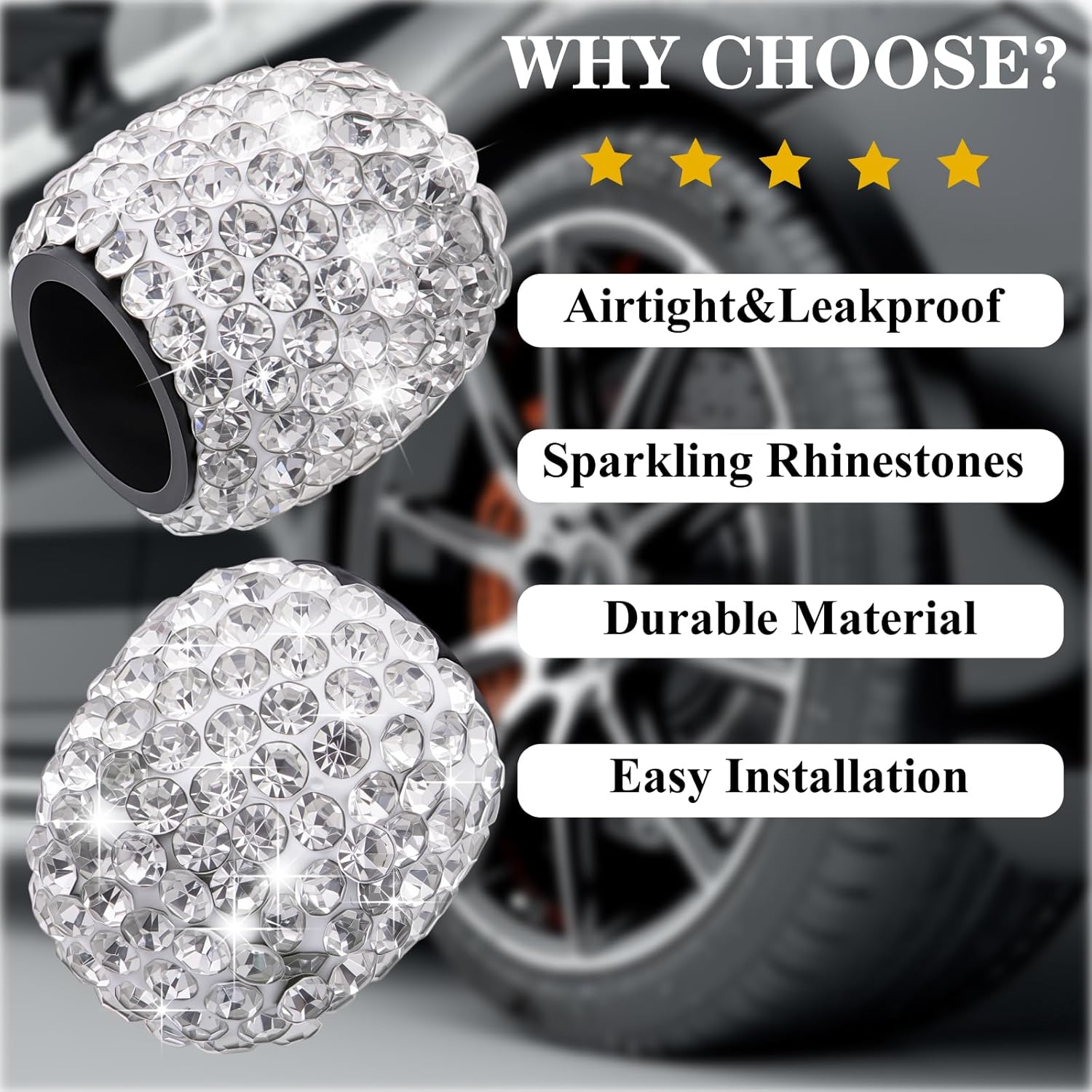 MEAJOO 4PCS Bling Crystal Diamond Tire Stem Valve Caps, Dustproof Car Wheel Tire Valve Caps Universal Tire Valve Stem Covers for Cars, SUV, Trucks, Bikes, Motorcycles, Bicycles (White) image number 2