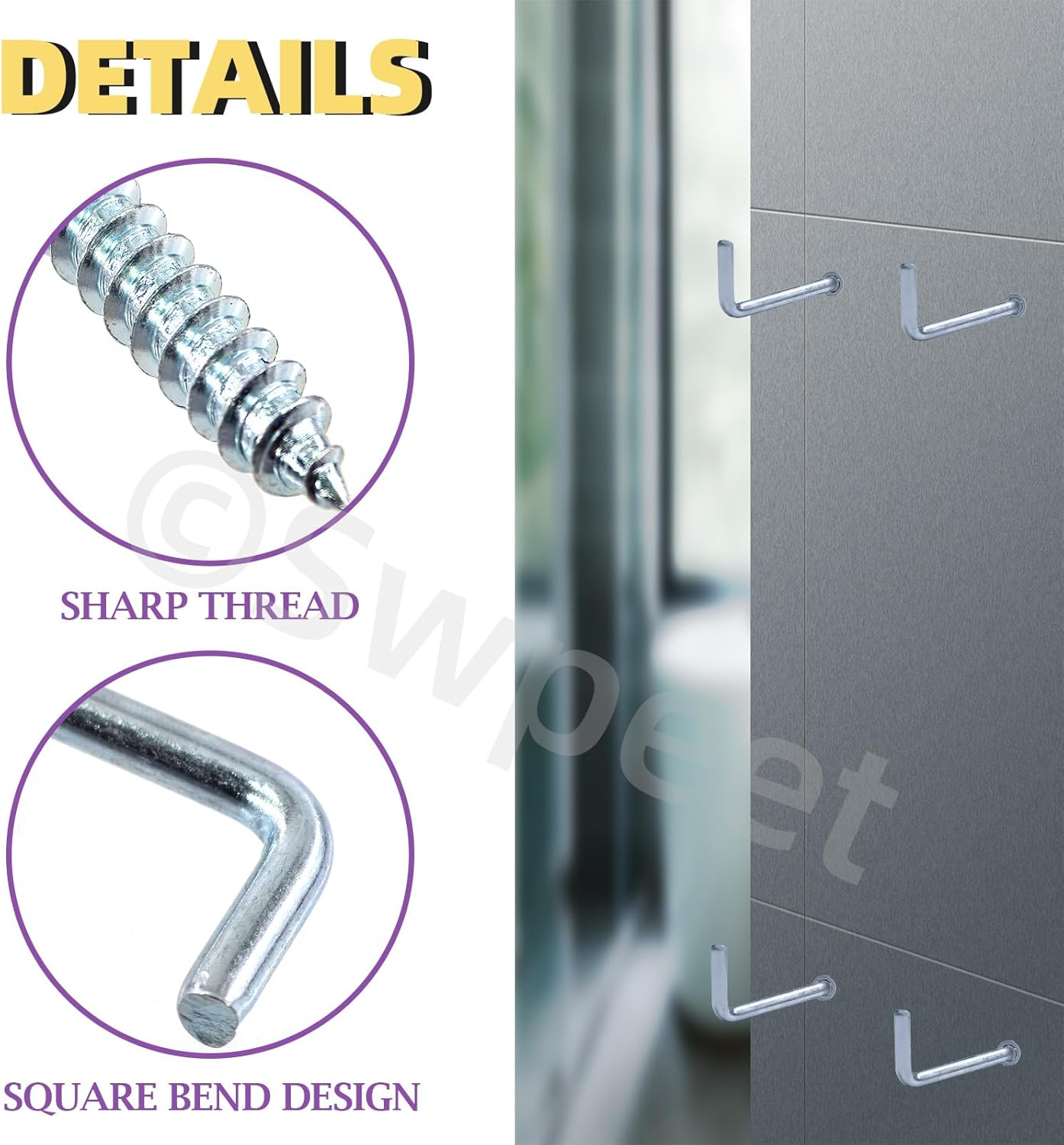 Swpeet 150Pcs 3 Sizes Blue White Metal Screw-In Square Bend Hooks with Expansion Tubes Anchors Assortment Kit, L Shaped Self-Tapping Screws Hooks L Type Photo Frame Right Angle Hook for Wall Hanging image number 3