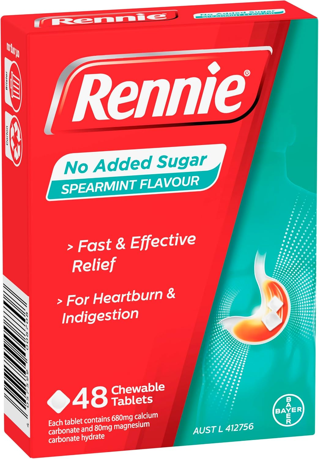 Rennie Spearmint Flavoured Chewable Tablet for Heartburn and Indigestion Symptoms 48 Tablets