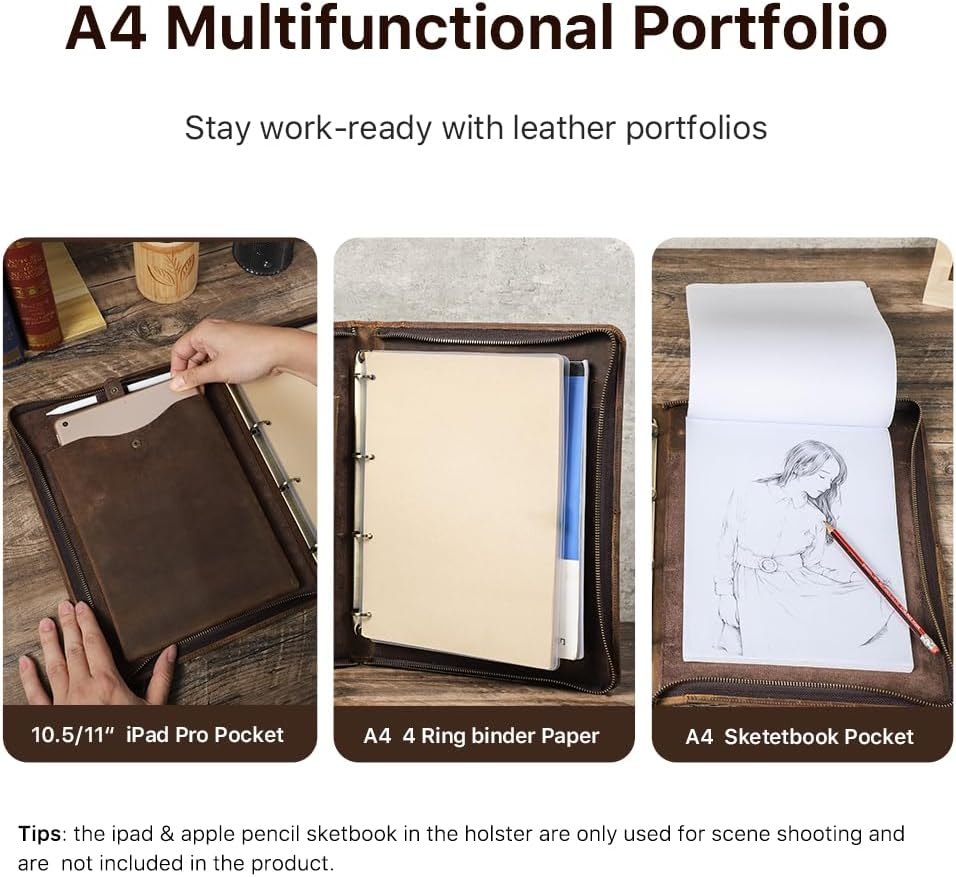 Contacts Full Grain Leather Portfolio 4 Ring Binder Professional A4 Notebook Folder Zipper Binder Organizer with 11" Ipad Pocket, 40 Sheets of A4 Paper image number 1