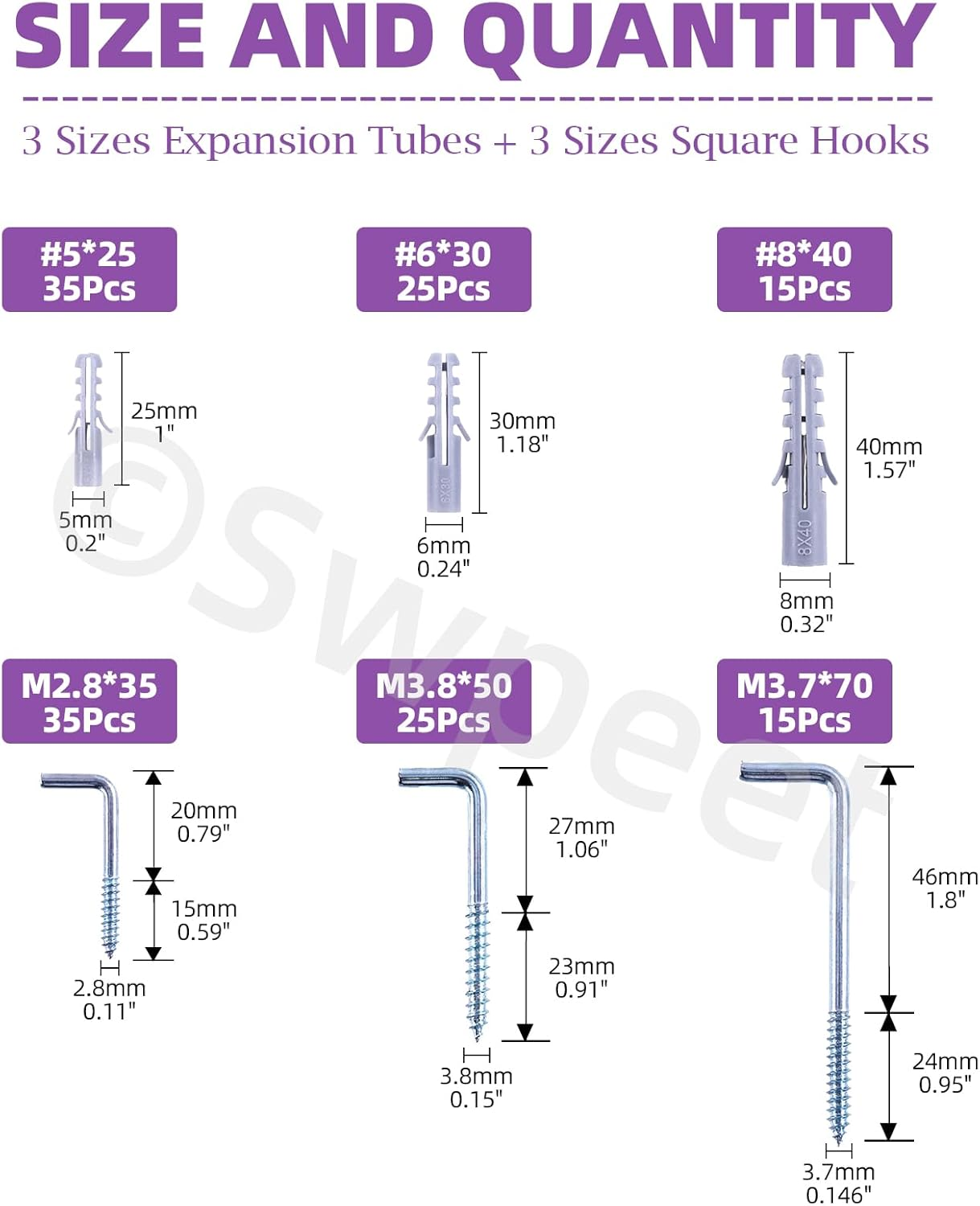 Swpeet 150Pcs 3 Sizes Blue White Metal Screw-In Square Bend Hooks with Expansion Tubes Anchors Assortment Kit, L Shaped Self-Tapping Screws Hooks L Type Photo Frame Right Angle Hook for Wall Hanging image number 2