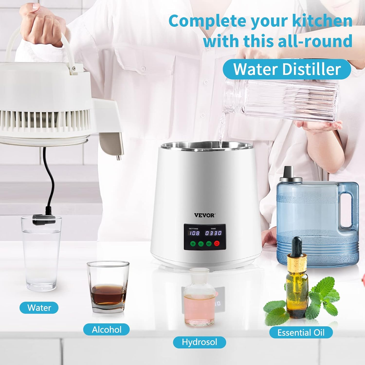 VEVOR 4L Water Distiller,0.3Gal/H, Distilled Water Maker Machine 750W 0-99H Timing Set Temp Display, 304 Stainless Steel Countertop Distiller Plastic Carafe Cleaning Powder 3 Carbon Packs, White