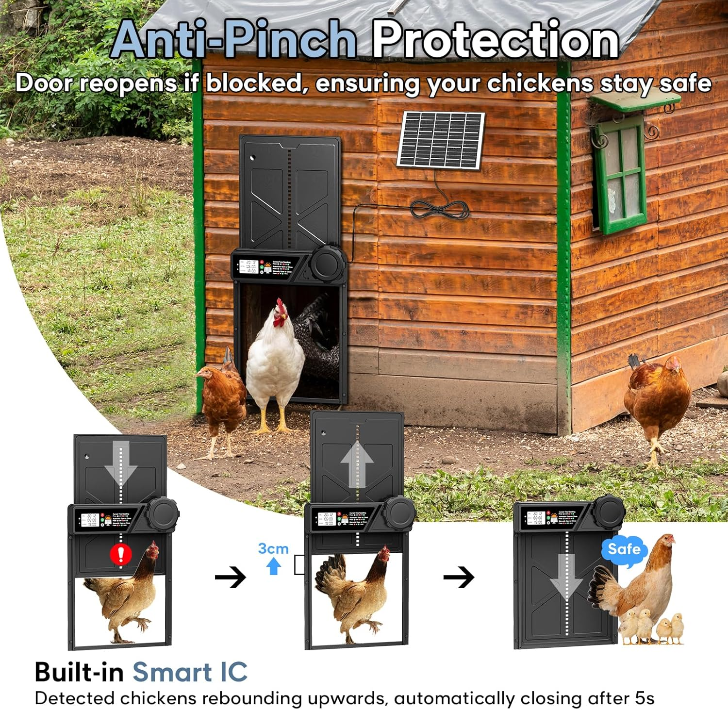 Large Automatic Chicken Coop Door, Aluminum Automatic Chicken Door with LCD Display, Solar Pannel
