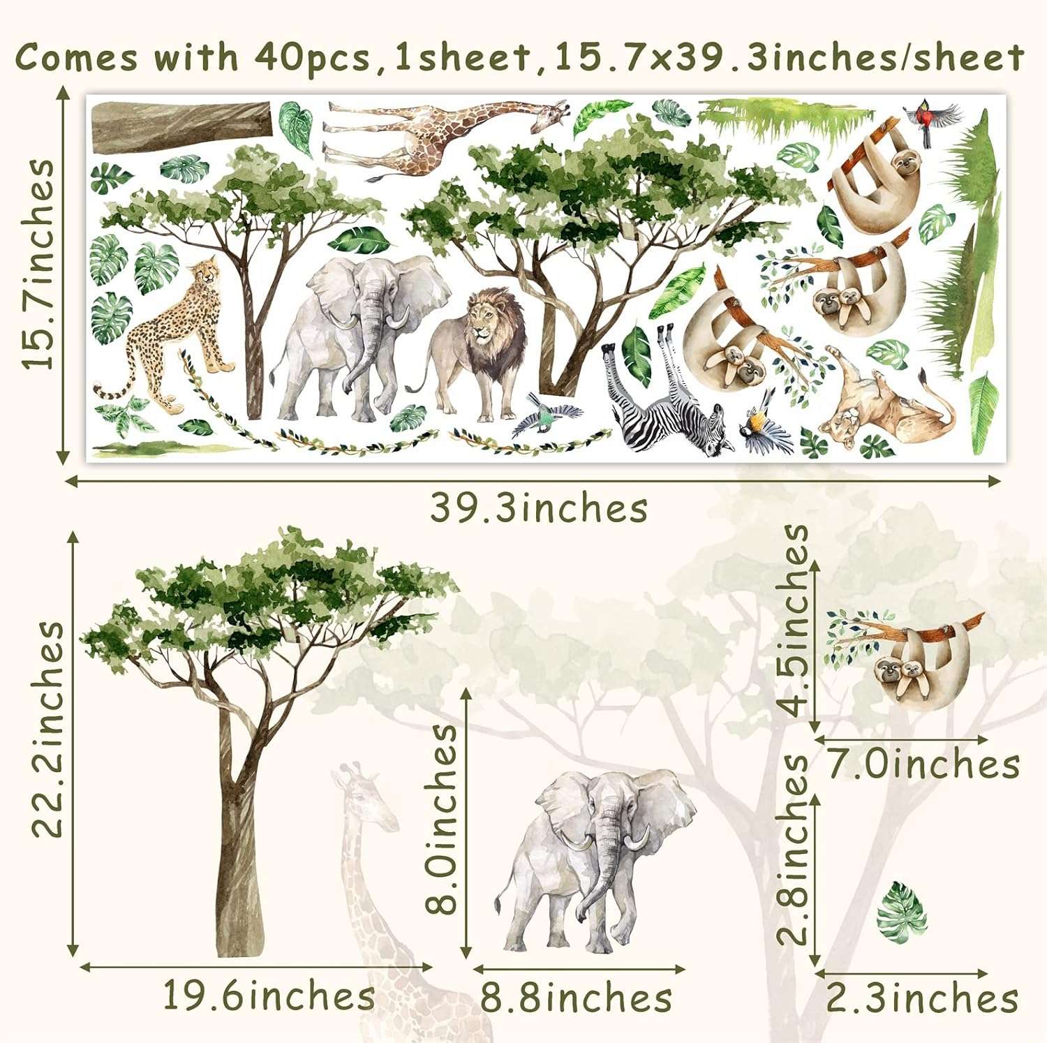 Jungle Animal Wall Decals - Safari and Wild Animal Wall Stickers for Nursery, Living Room, Bedroom - Large Zoo Animal Decor with Jungle Tree Forest Theme image number 4