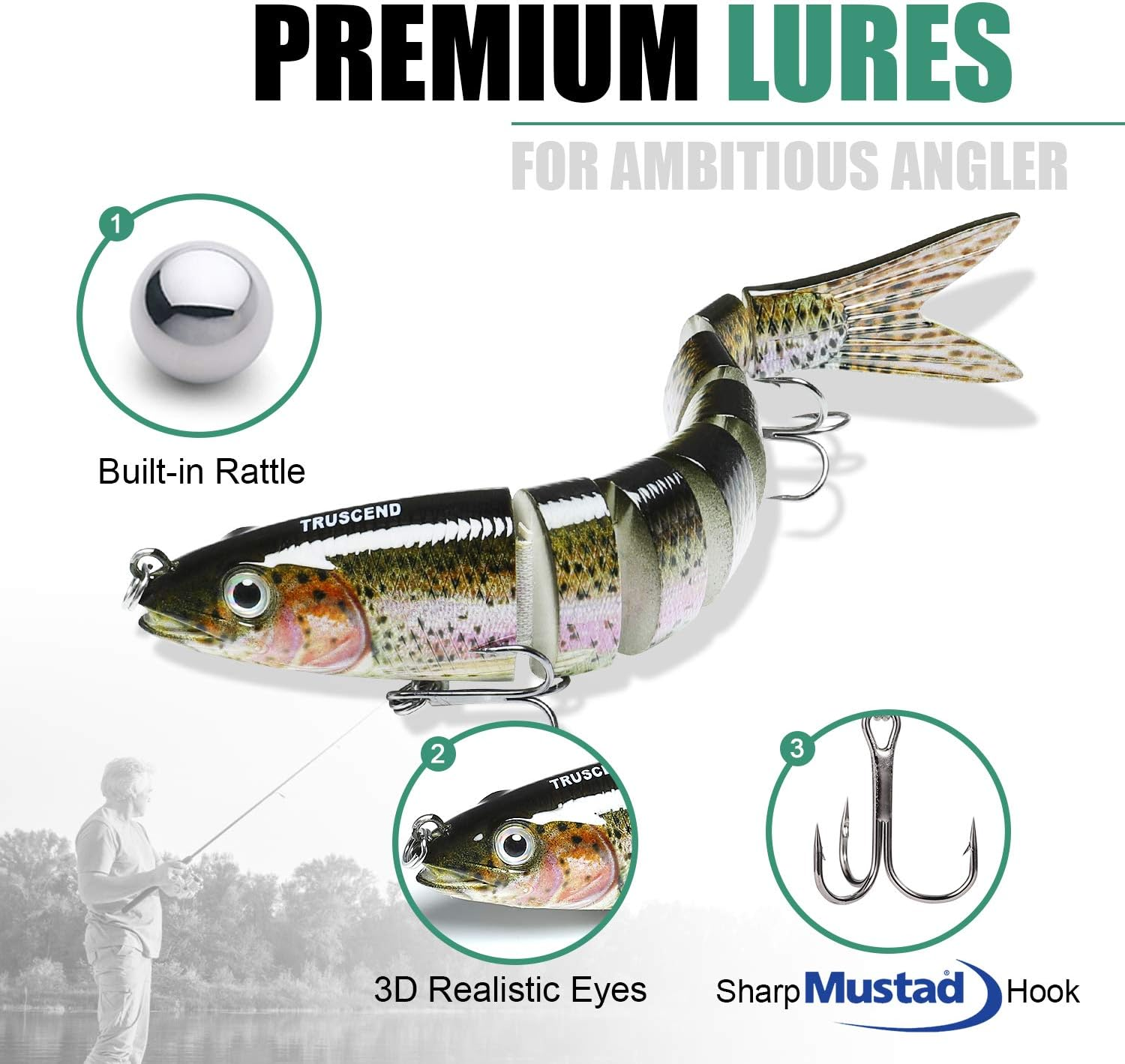 TRUSCEND Fishing Lures for Freshwater and Saltwater, Lifelike Swimbait for Bass Trout Crappie, Slow Sinking Bass Fishing Lure, Amazing Fishing Gifts for Men, Must-Have for Family Fishing Gear - A3-5.5",0.7Oz image number 3