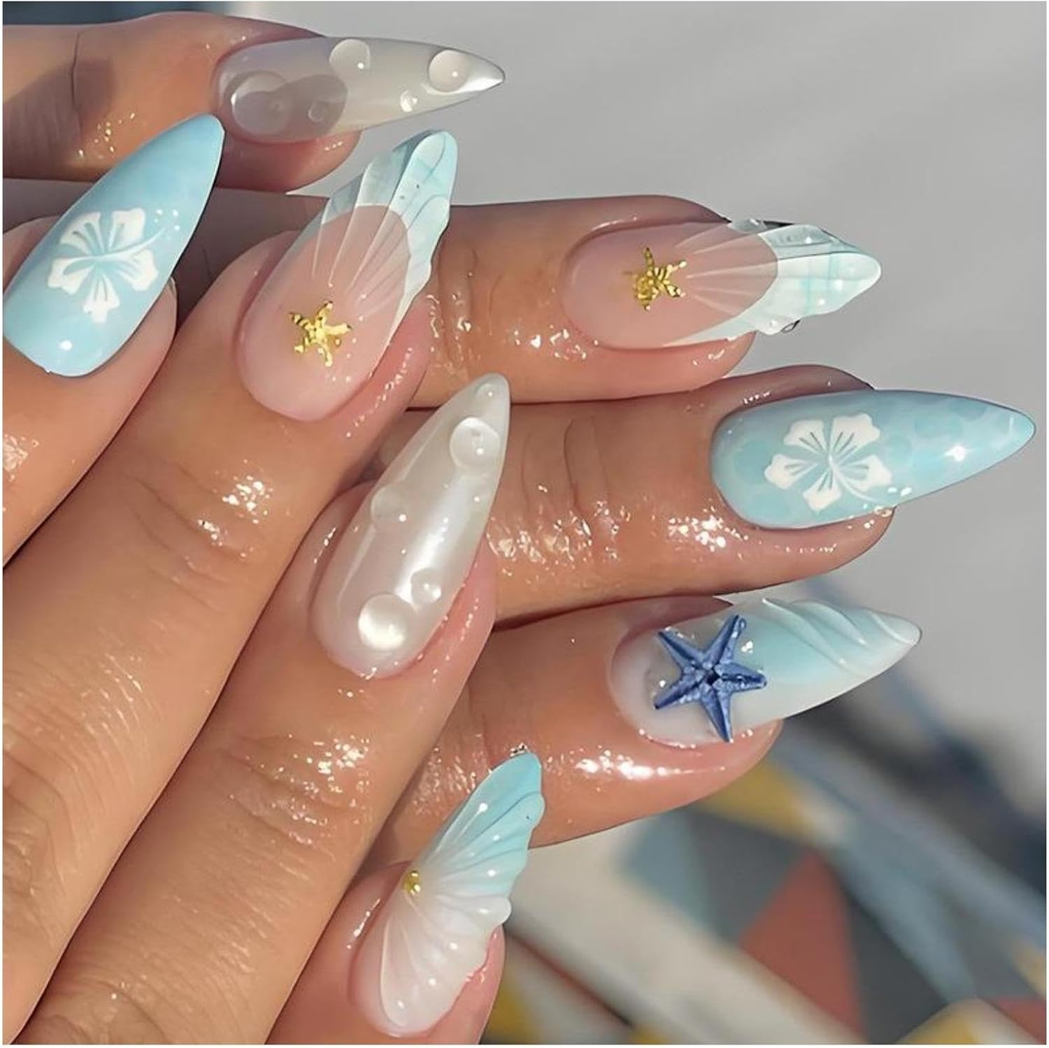 24Pcs 3D Mermaid Press on Nails | Blue Ocean Starfish & Shell Design | Medium Almond False Nails 12 Sizes + Nail File + Jelly Glue | Fake Nails for Women Girls image number 1