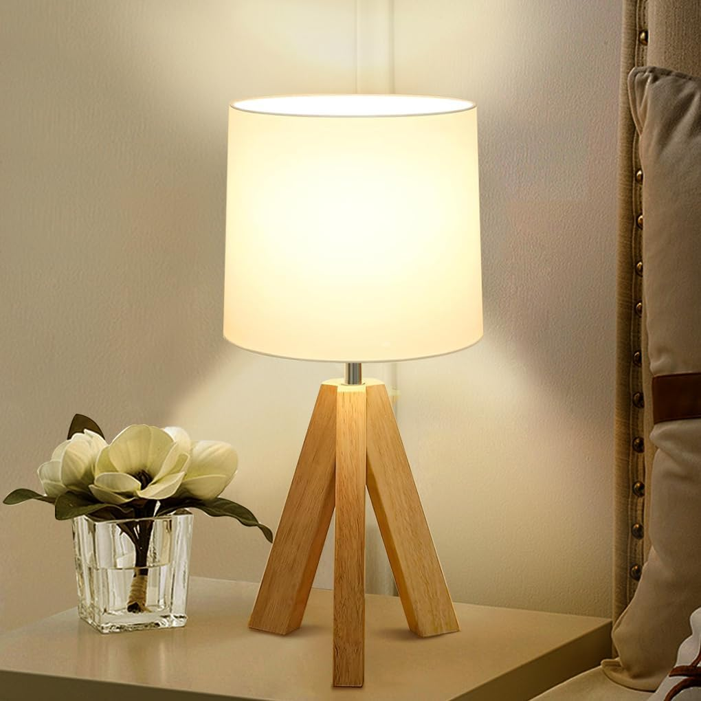 Clora beside Table Lamp, Wood Tripod Table Lamp with White Fabric Shade, Boho Nightstand Lamp, Minimalist Desk Lamp for Bedroom Living Room Nursery Kids Room Office Dorm, Bulb Included image number 2