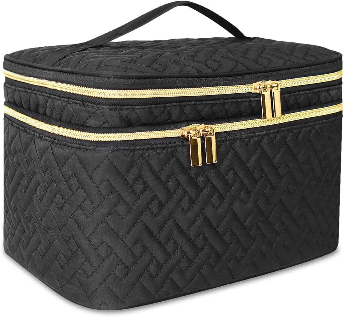 Makeup Bag Organiser for Women, Large Double Layer Cosmetic Make up Bag with Brush Compartment, Portable and Water-Resistant Toiletry Bag Travel Essentials, Black image number 4