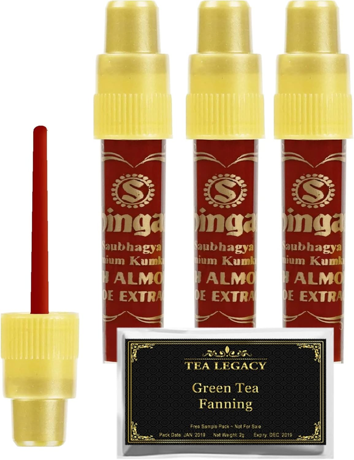 Yogic Mantra Shringar Bindi Liquid Red Color Kumkum (3 Bottles Bundle with Tealegacy Free Sample) Premium Saubhagya Kum Kum with Almond & Aloe Extracts for Bindi Dots, Tikka Bindis & Temporary Tattoo