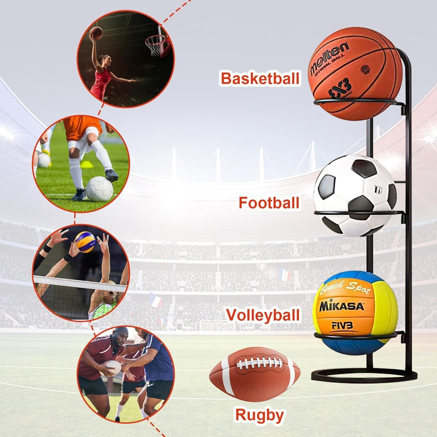2Pcs Basketball Ball Storage Racks, Durable 3 Tier Cube Ball Storage Holder, Removable Garage Ball Organizer, Vertical Sports Display Stand for Volleyball Football Basketball Soccer 25 * 71Cm ﻿
