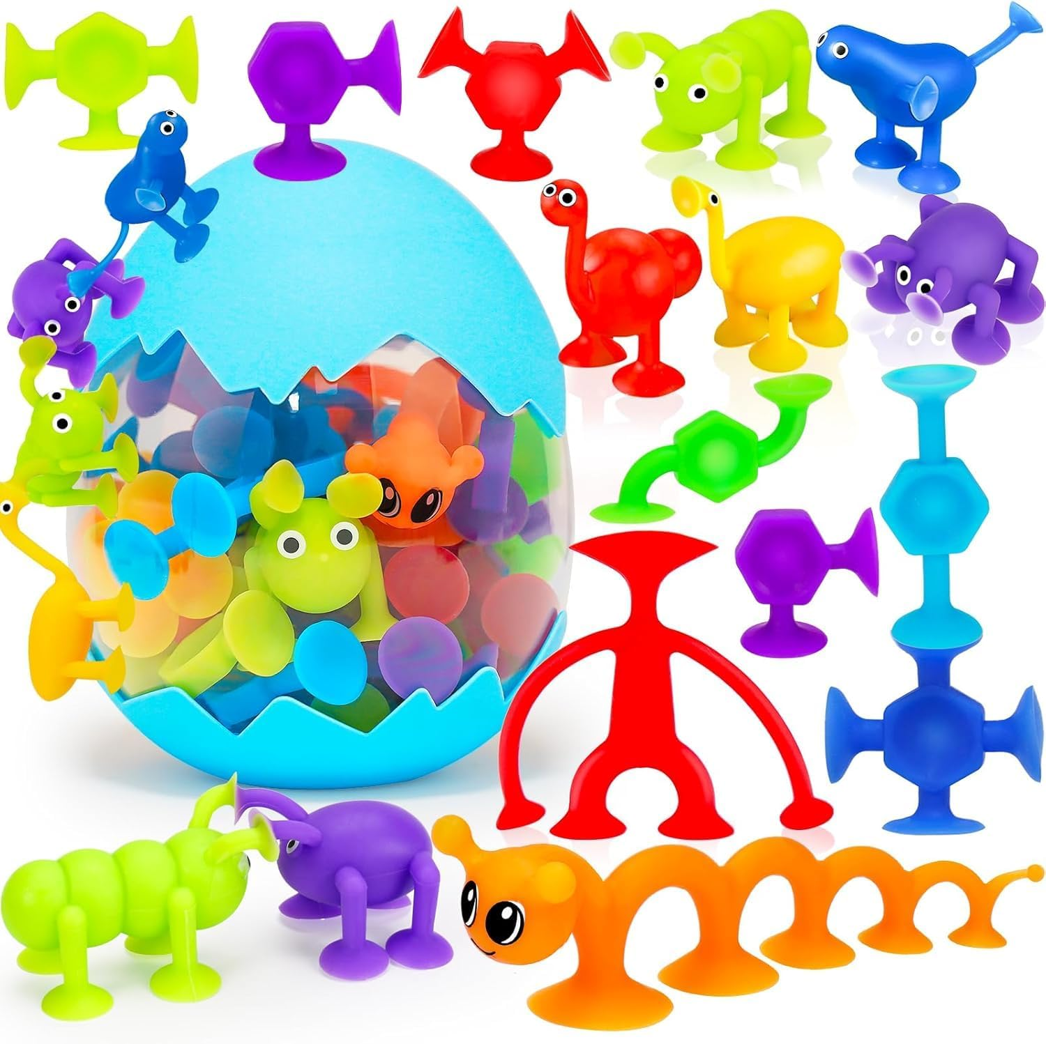 32PCS Suction Cup Toys Kids Bath Toy Party Favor Goody Prize Filler Stuffer End of Student Gift for Boy Girl Toddler Travel Toy Sensory Window Water Table Toy with Eggshell Storage image number 4