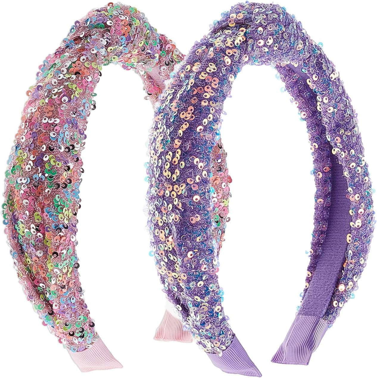 NICENEEDED Pack of 2 Sequin Headband with Knot for Women Sparkling Knotted Wide Hair Bands Glittering Fashionable Iridescent Headbands Hair Accessories for Parties image number 4