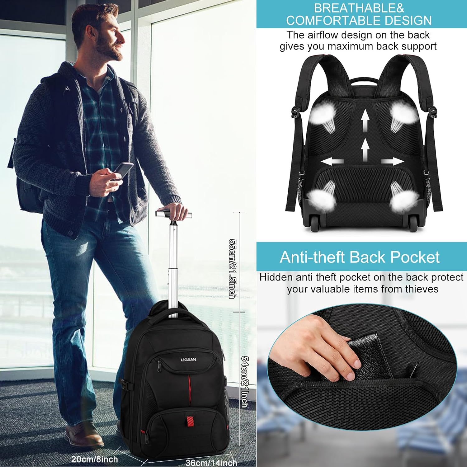 Travel Backpack with Wheels, 55X36X25 Cm Large Rolling Wheeled Travel Rucksack for Men Women, Trolley Business Suitcase Hand Luggage College School Computer Bag, Fit 18.4'' Laptop, Black image number 6