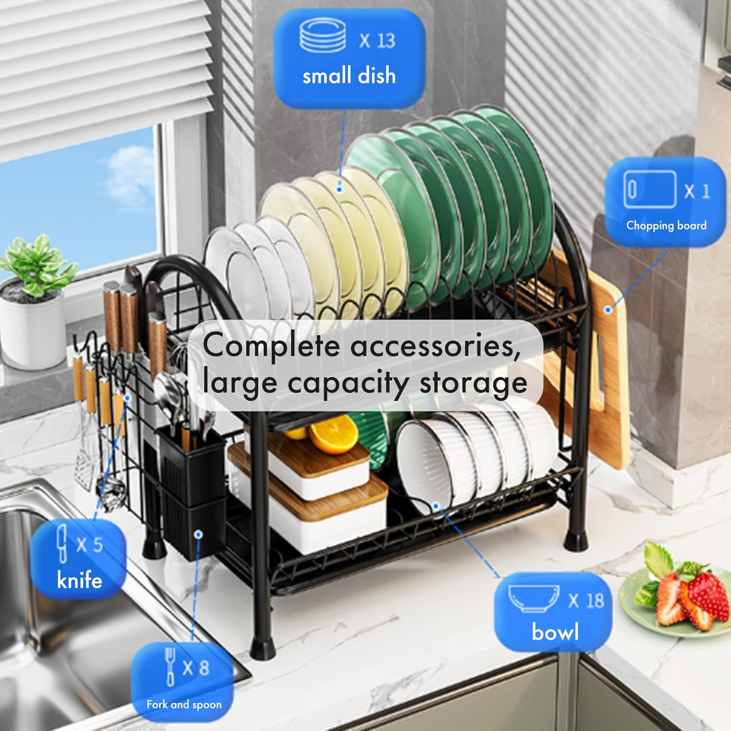 Double Layer Storage Rack, Thickened Wrought Iron Material, Bowl and Dish Storage Rack, Countertop Drain Rack, Suitable for Kitchen, Living Room, and Dining Table. image number 3
