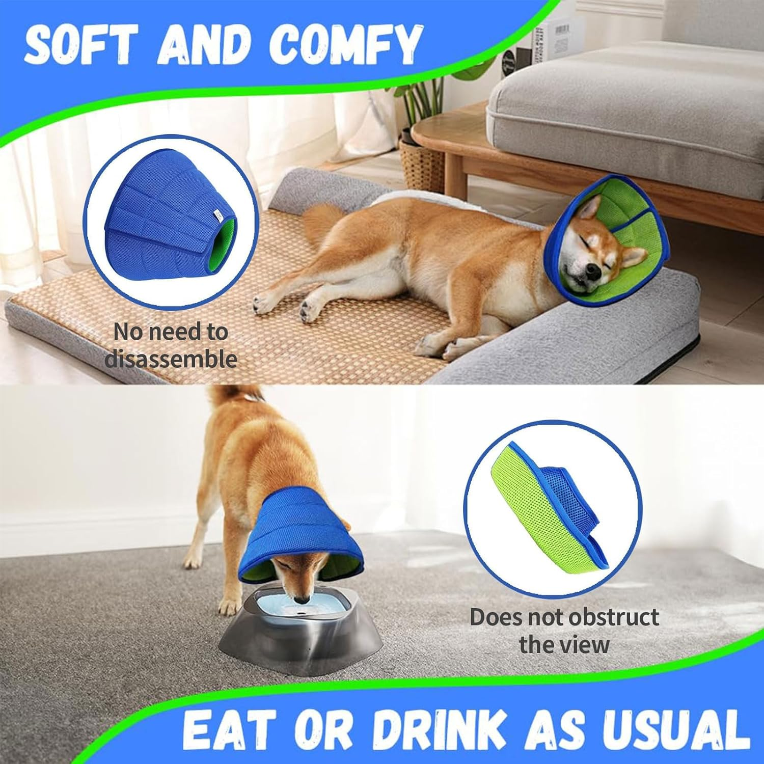 Dog Cone Soft Recovery Collars & Cones after Surgery for Medium Large Dogs, Comfy Ecollars to Stop Licking, Adjustable, Dog Ecollars for Recovery Fabric, Ecollars of Shame Alternatives (Blue-Green, L) image number 2
