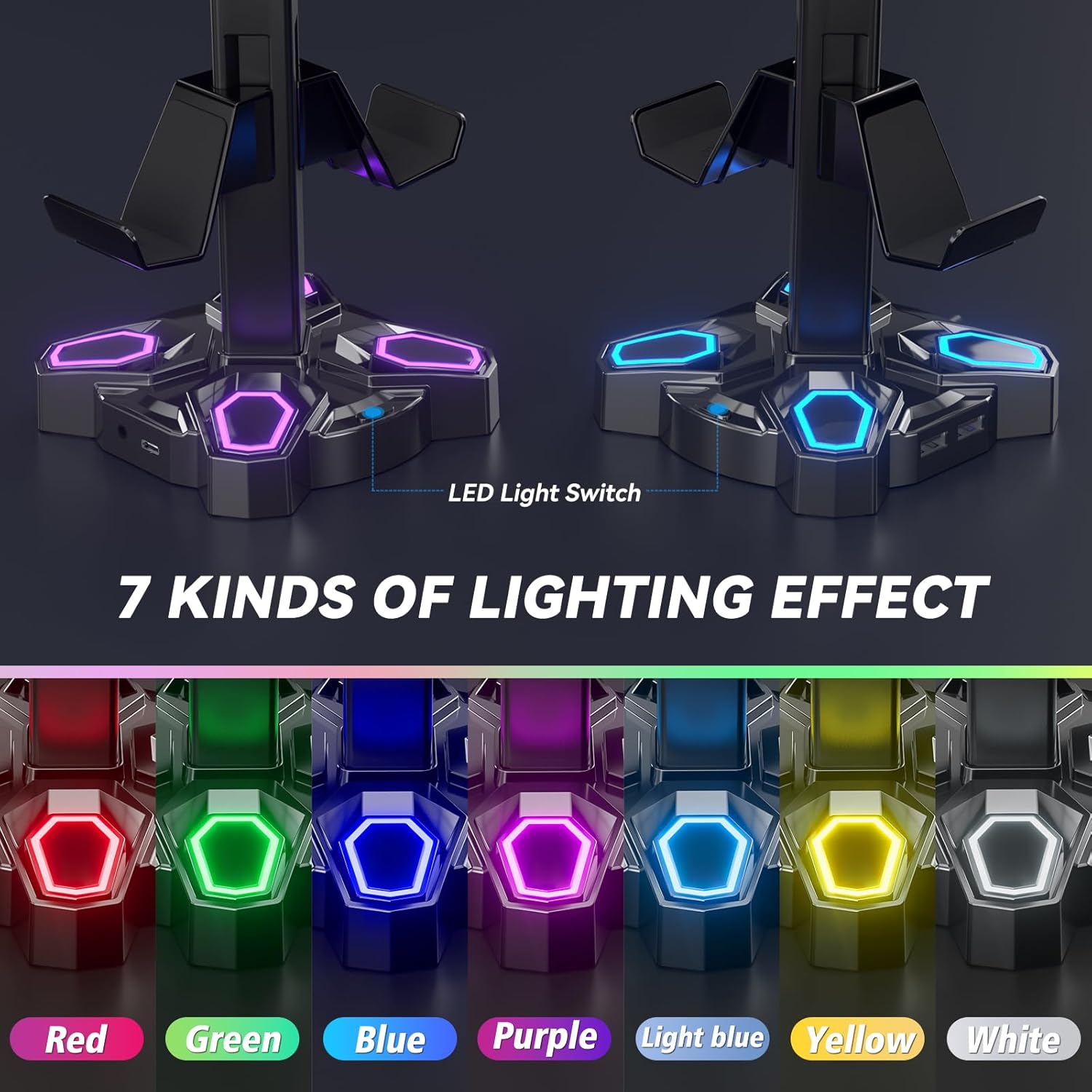 KDD Gaming Headphones Stand, Rotatable Headset Stand with 9 Light Modes - Controller Holder with 2 USB Charging Ports and 3.5Mm & Type-C Port - Earphone Hanger Accessories for Desktop Gamer(Black) image number 2