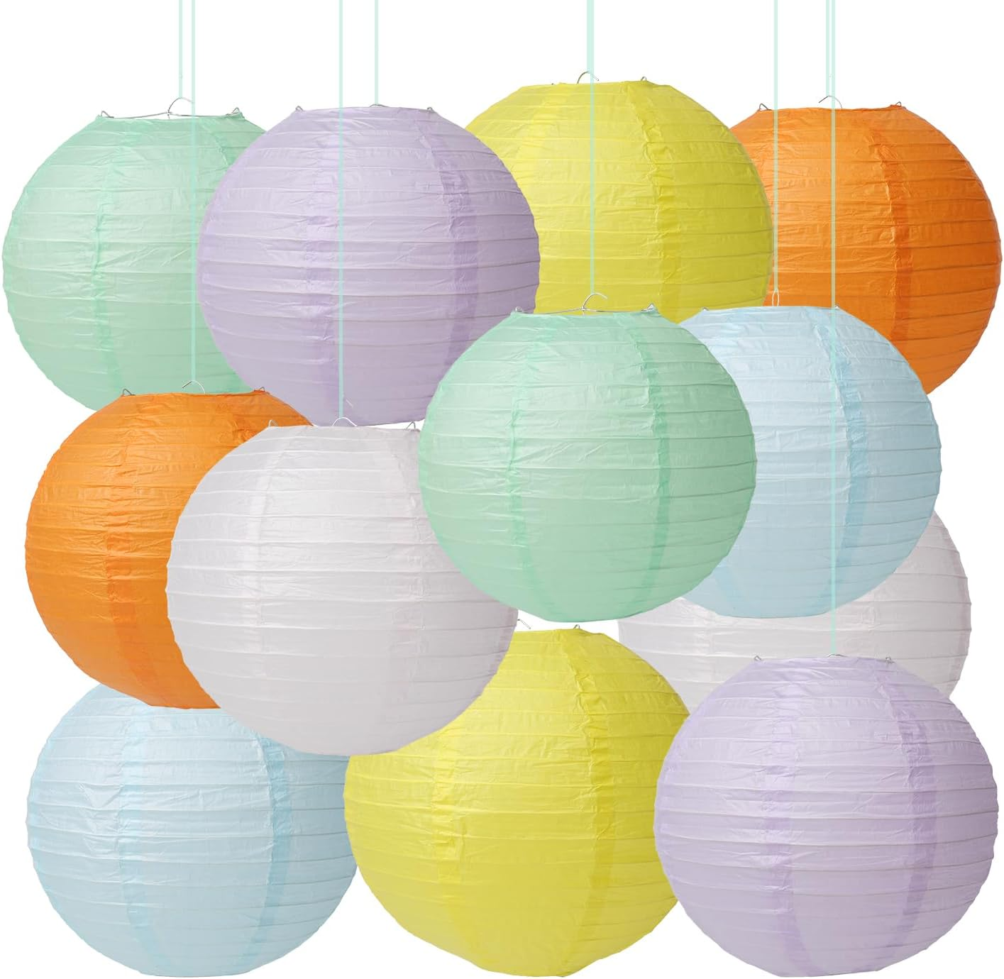 12PCS Circular Macaron-Colored Hanging Paper Lanterns, 10 Inches Pastel Colorful Paper Lanterns Party Decorations for Birthday Party, Wedding, Engagement, Classroom Decor