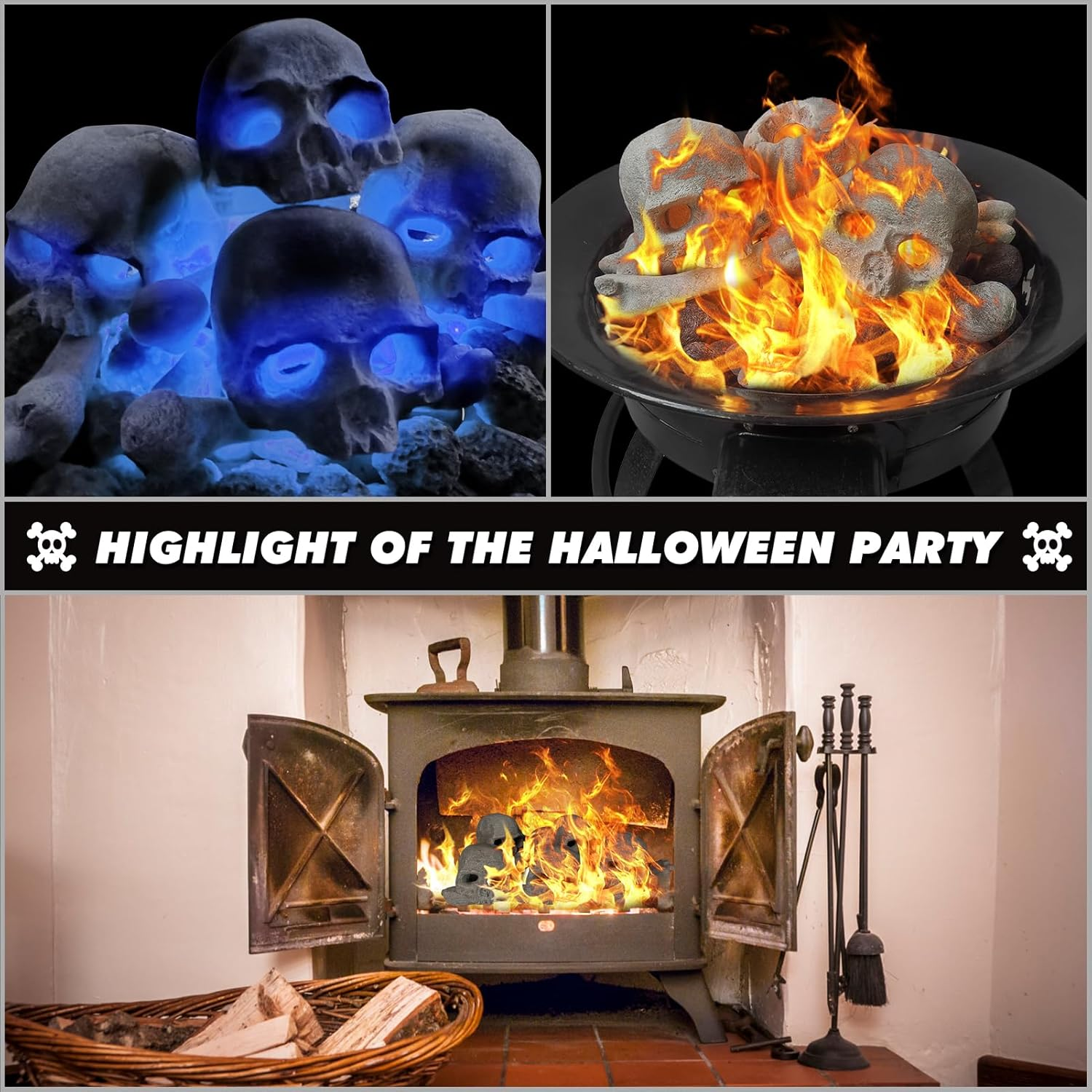9 Pcs Ceramic Skulls for Fire Pit, Durable Reusable Fireproof Fire Pit Skull Log for Bonfire, Campfire, Fireplace, Firepit, Halloween Decor for Gas, Propane (Grey) - Grey image number 5