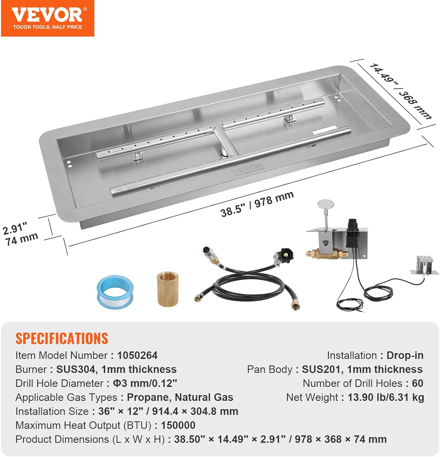 VEVOR 36 X 12 Inch Drop-In Fire Pit Pan, Rectangular Stainless Steel Fire Pit Burner Kit, Natural & Propane Gas Fire Pan 150,000 BTU with H-Burner for Indoor or Outdoor Use image number 1