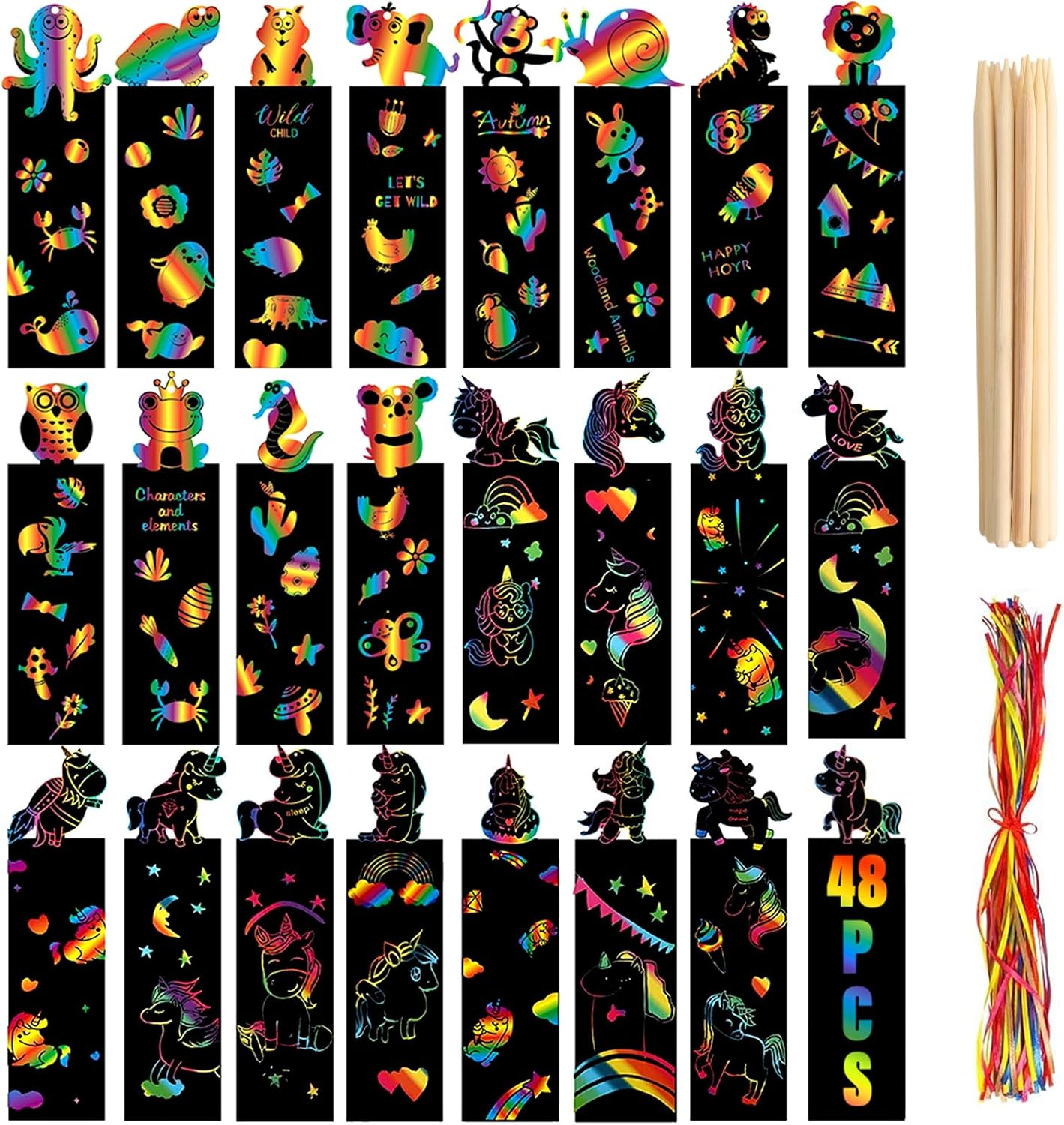 Viiotu 48 Pcs Scratch Art Bookmarks Party Favours Kids, Animal Bookmarks Set Party Bag Fillers with 48 Pcs Colorful Ribbons and 24 Pcs Wood Stylus, Scratch Art for Classroom Activities Party (Unicorn) image number 2