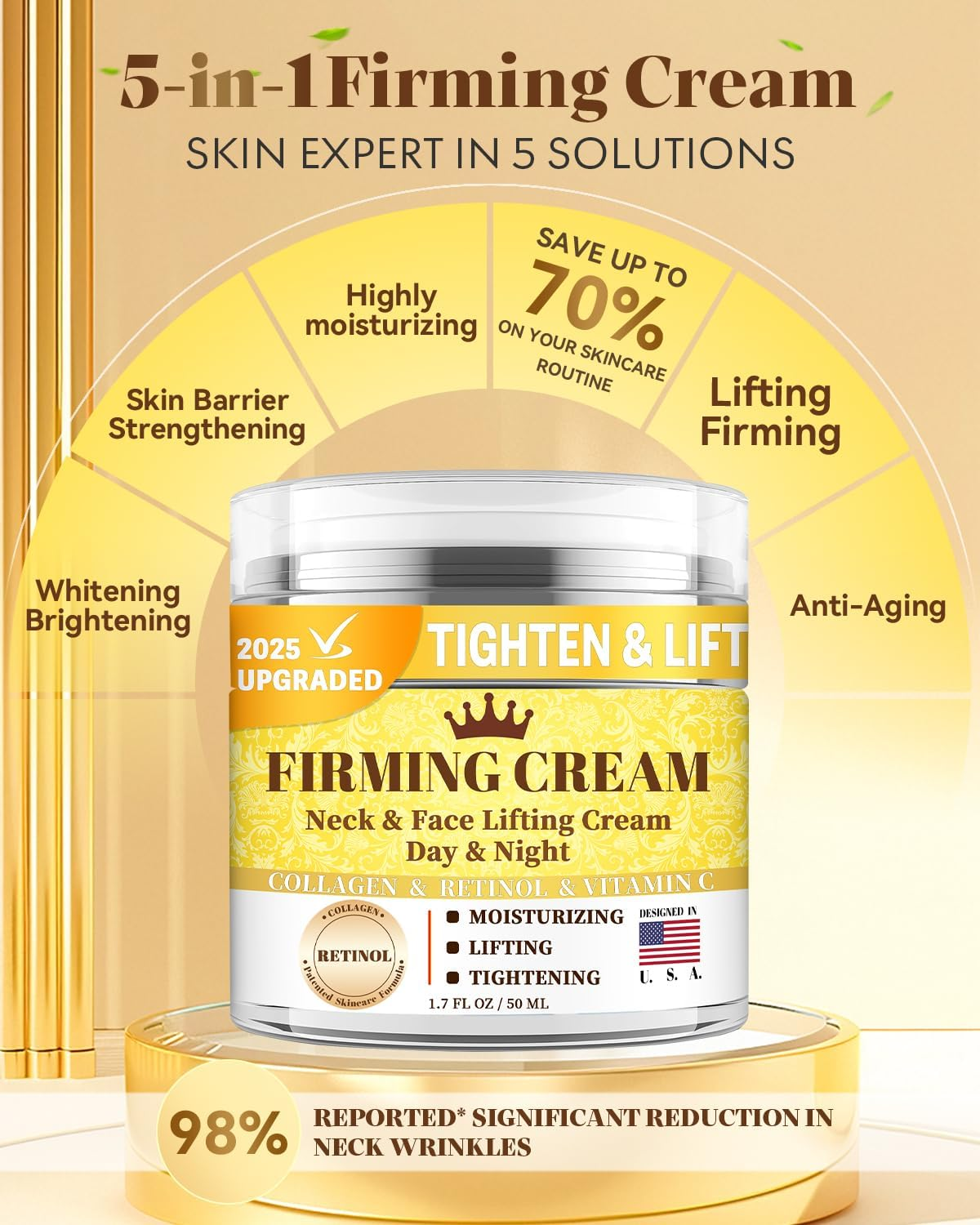 1% Retinol Cream Face Moisturizer, anti Aging Neck Firming Cream with Collagen, Day & Night Face Lotion with Hyaluronic Acid, Lifting & Tightening Cream for Women & Men, 1.7 FL OZ