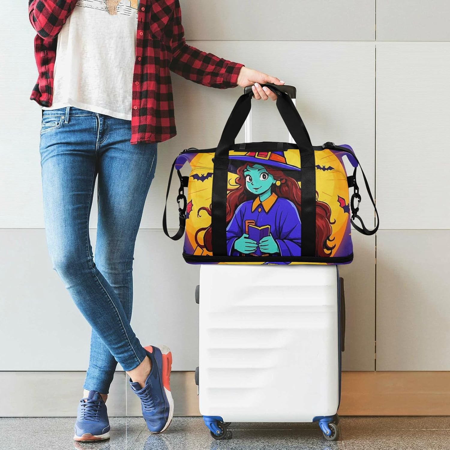 Happy Halloween Cartoon Cute Witch Overnight Travel Duffel Bag Travel Weekender Gear Bag with Toiletry Bag for Trip Waterproof, Happy Halloween Cartoon Cute Witch, 1 Size